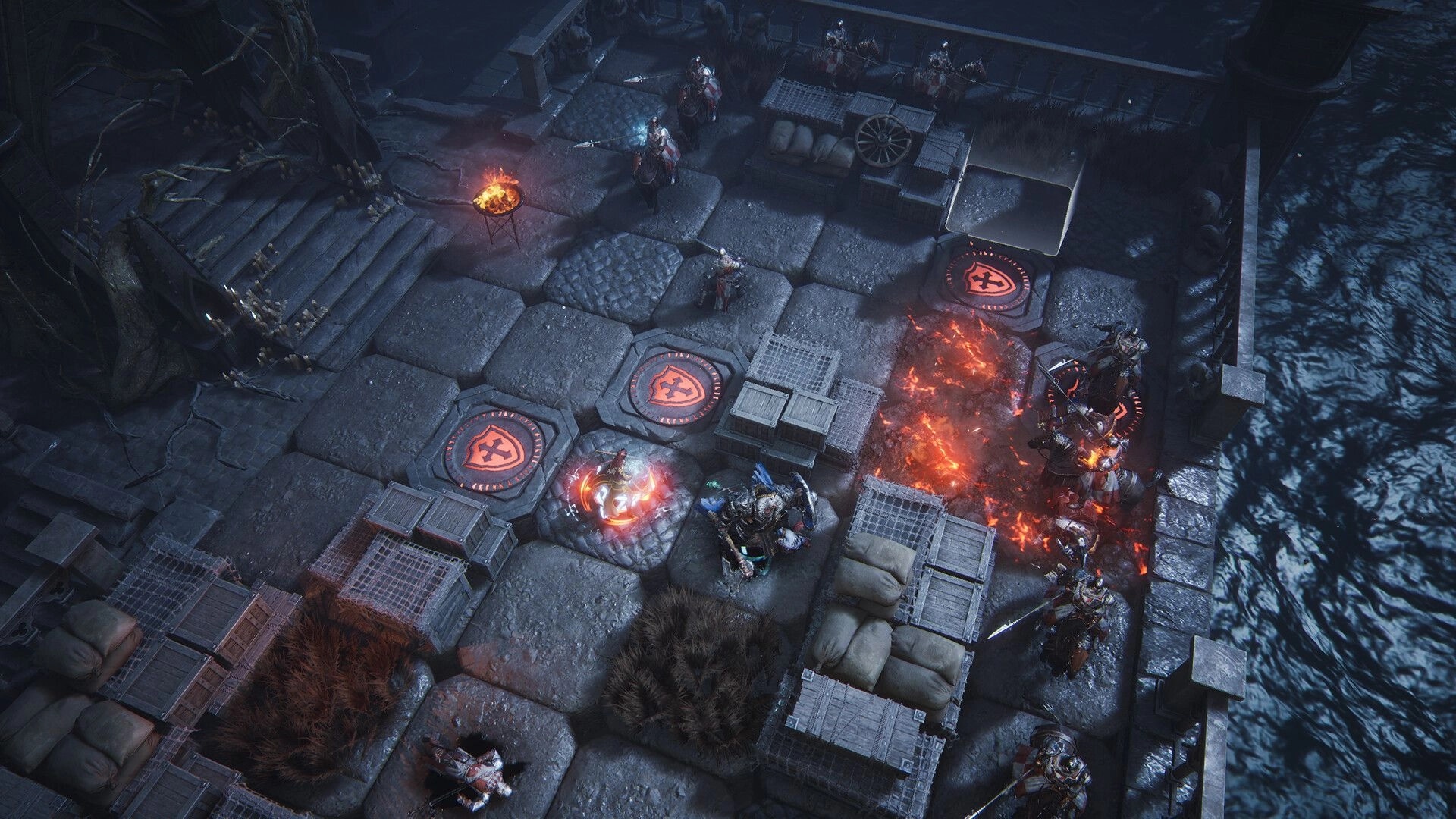 Annulus: Tactical grid battle with armored units and fiery effects on a stone platform by the water