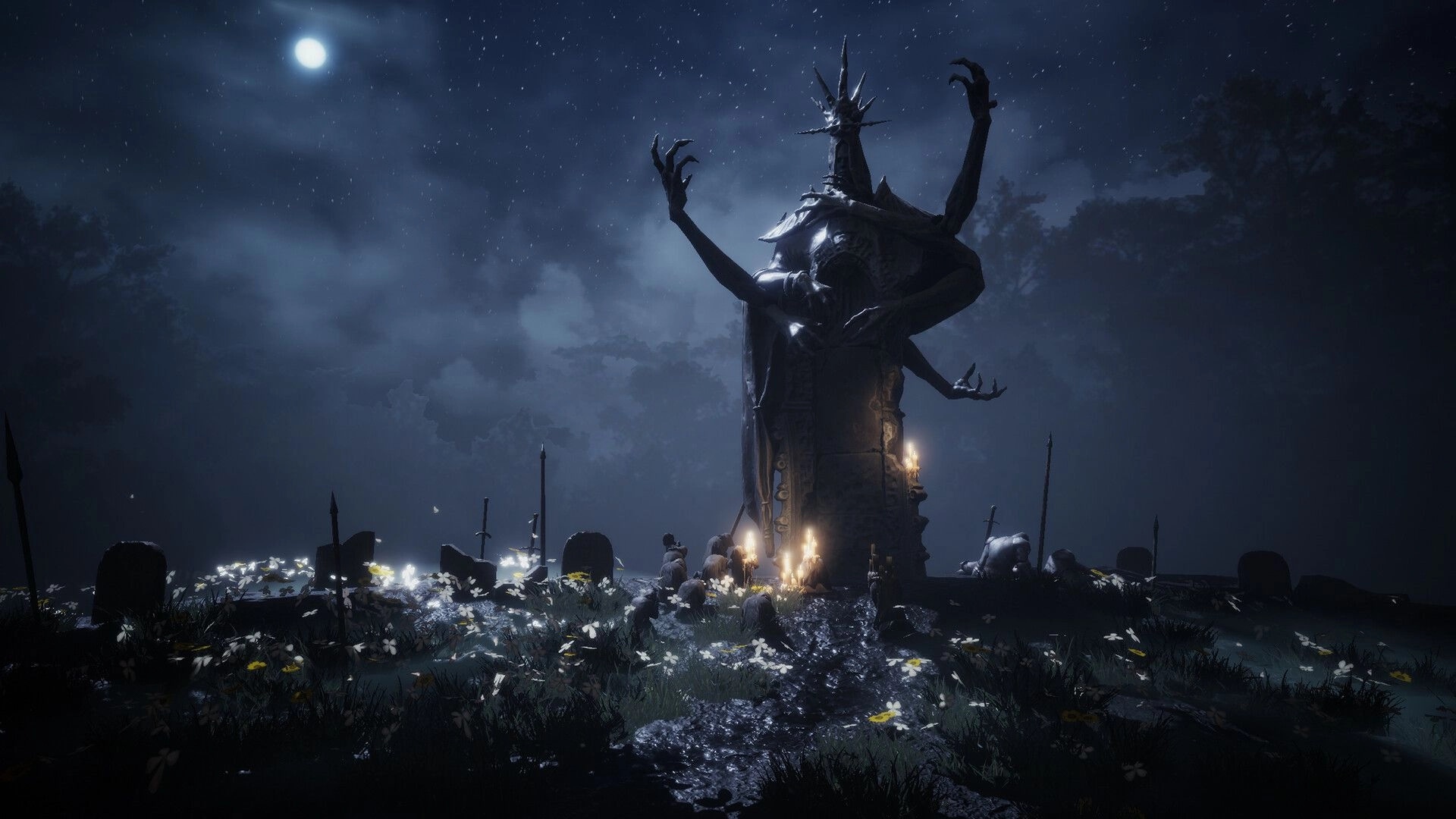 Annulus: Mysterious stone statue surrounded by candles in a dark, moonlit field with scattered flowers