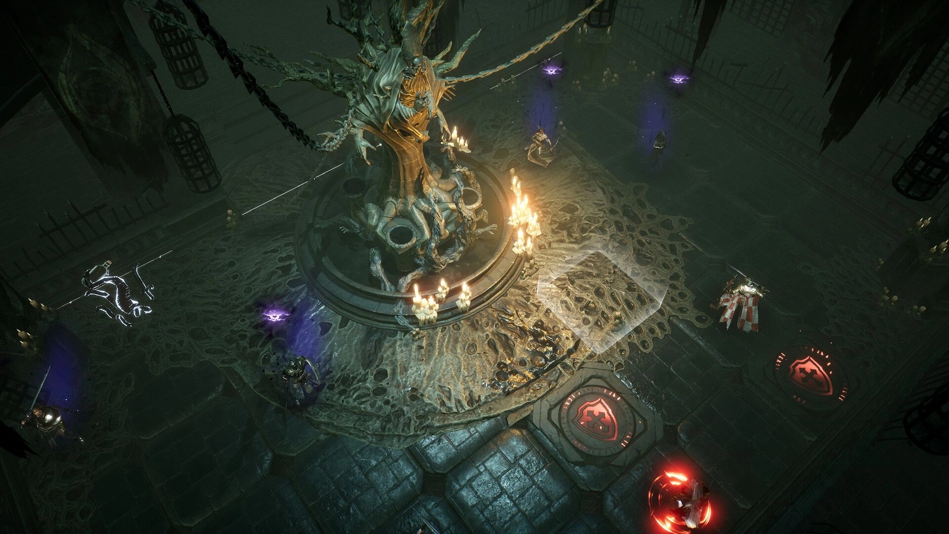 Annulus: Ritual chamber with ominous tree statue, glowing runes, and mercenaries in strategic positions