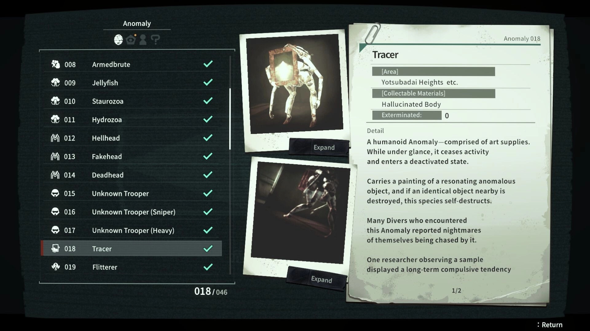 ANOMALITH: Anomaly index menu highlighting Tracer, with photos and detailed dossier page open.