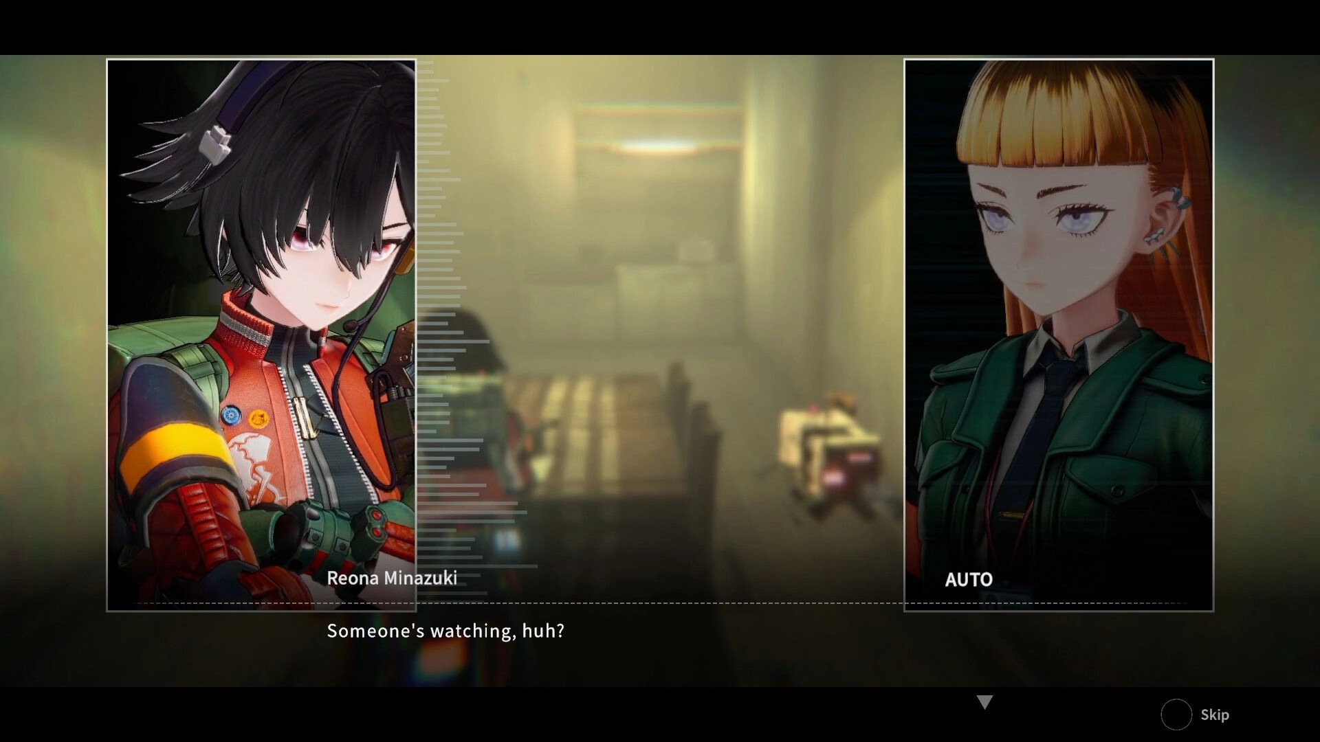 ANOMALITH: Dialogue scene with Reona Minazuki and another woman over a blurred corridor backdrop.