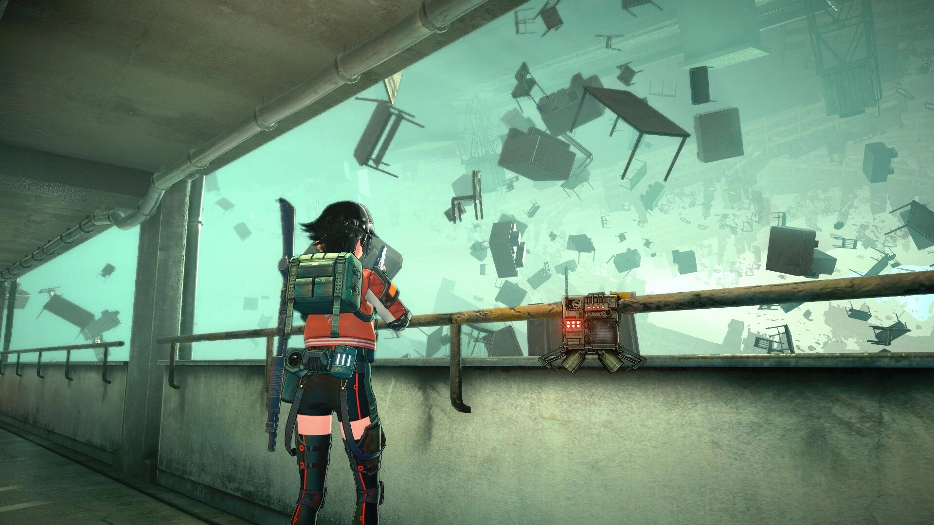 ANOMALITH: Player character on balcony watching floating debris in a foggy, warped cityscape.