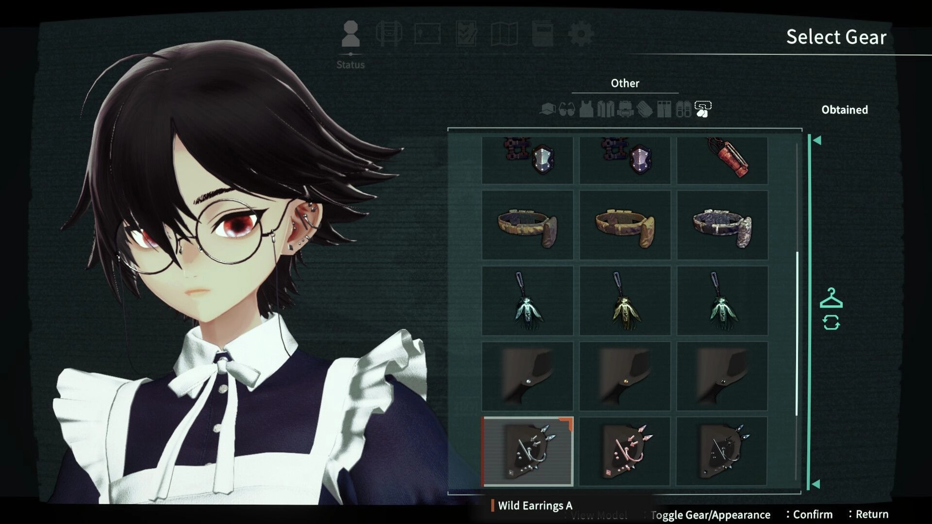 ANOMALITH: Select Gear inventory menu with girl portrait and grid of earrings, belts, charms UI.