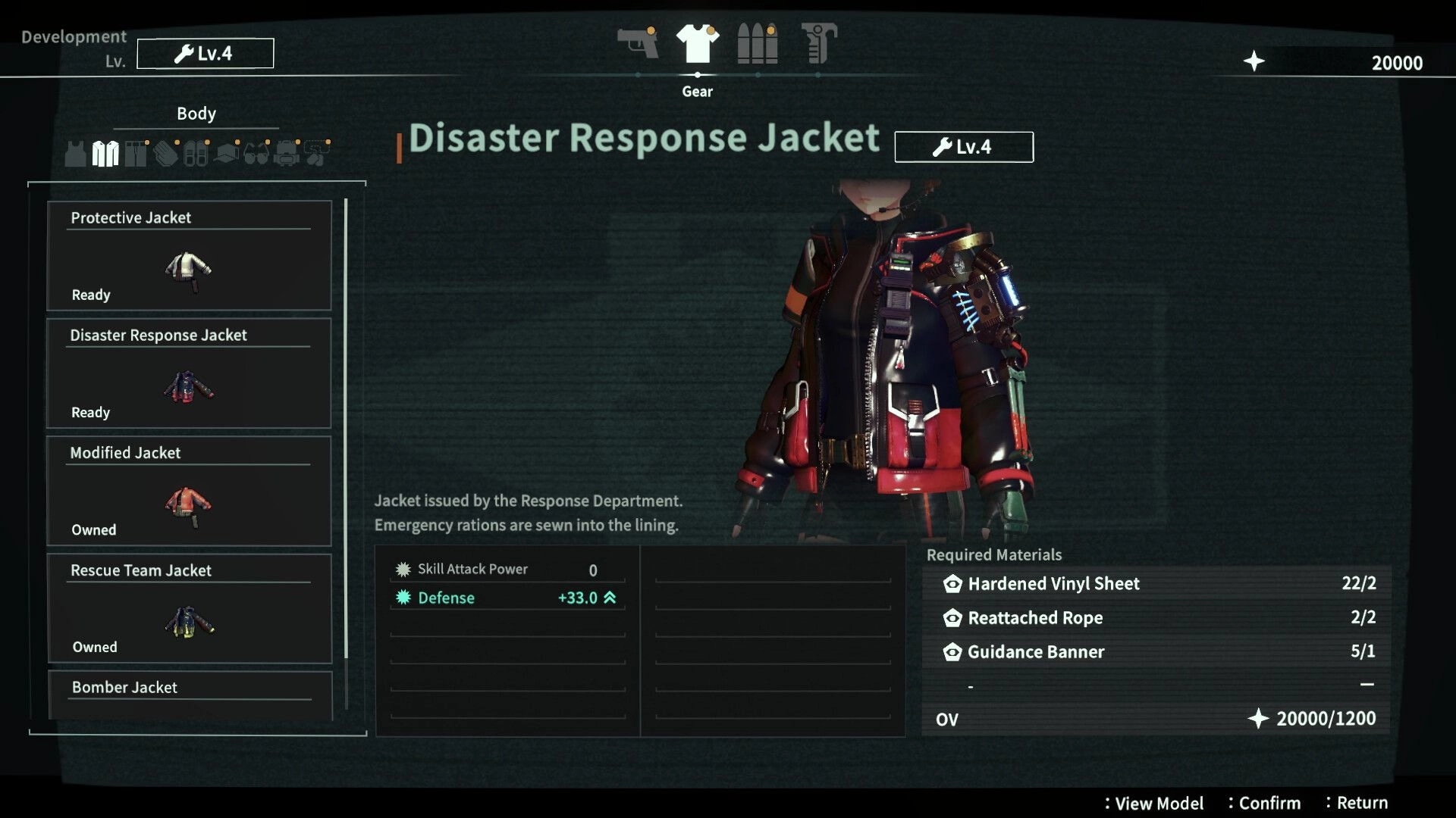 ANOMALITH: Gear menu selecting Disaster Response Jacket Lv.4 with defense stats and materials list.