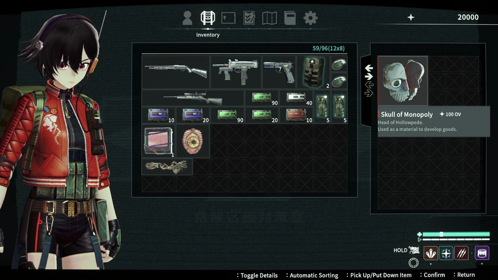 ANOMALITH: Inventory screen with weapons and ammo grid, item details for Skull of Monopoly displayed.