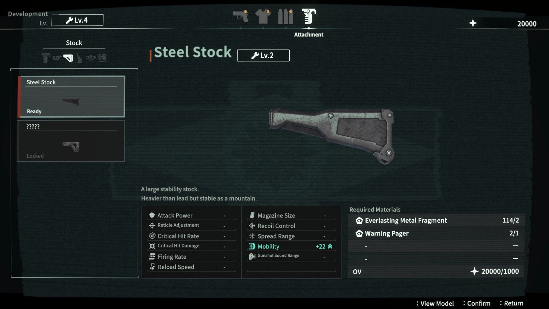 ANOMALITH: Weapon attachment upgrade menu for Steel Stock, showing stats and required materials list.