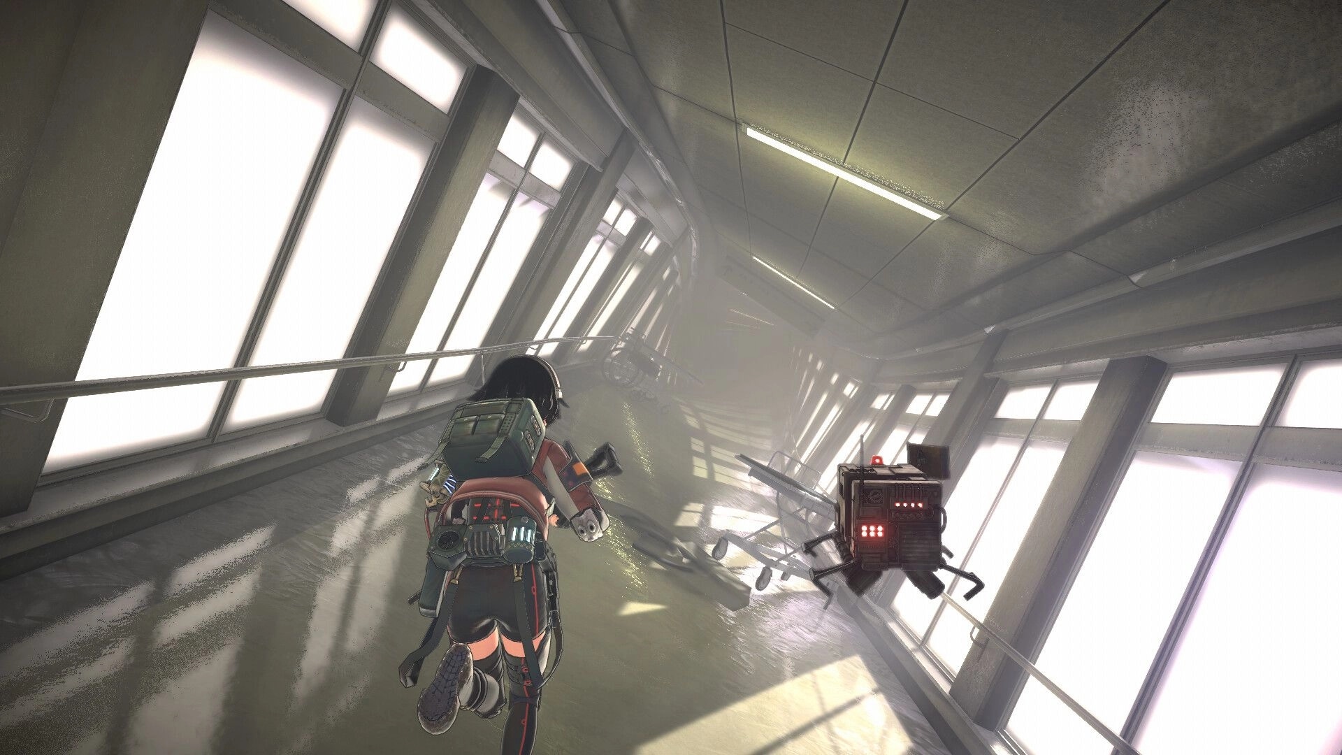 ANOMALITH: Backpack girl runs down a tilted, foggy corridor as a boxy drone hovers nearby.