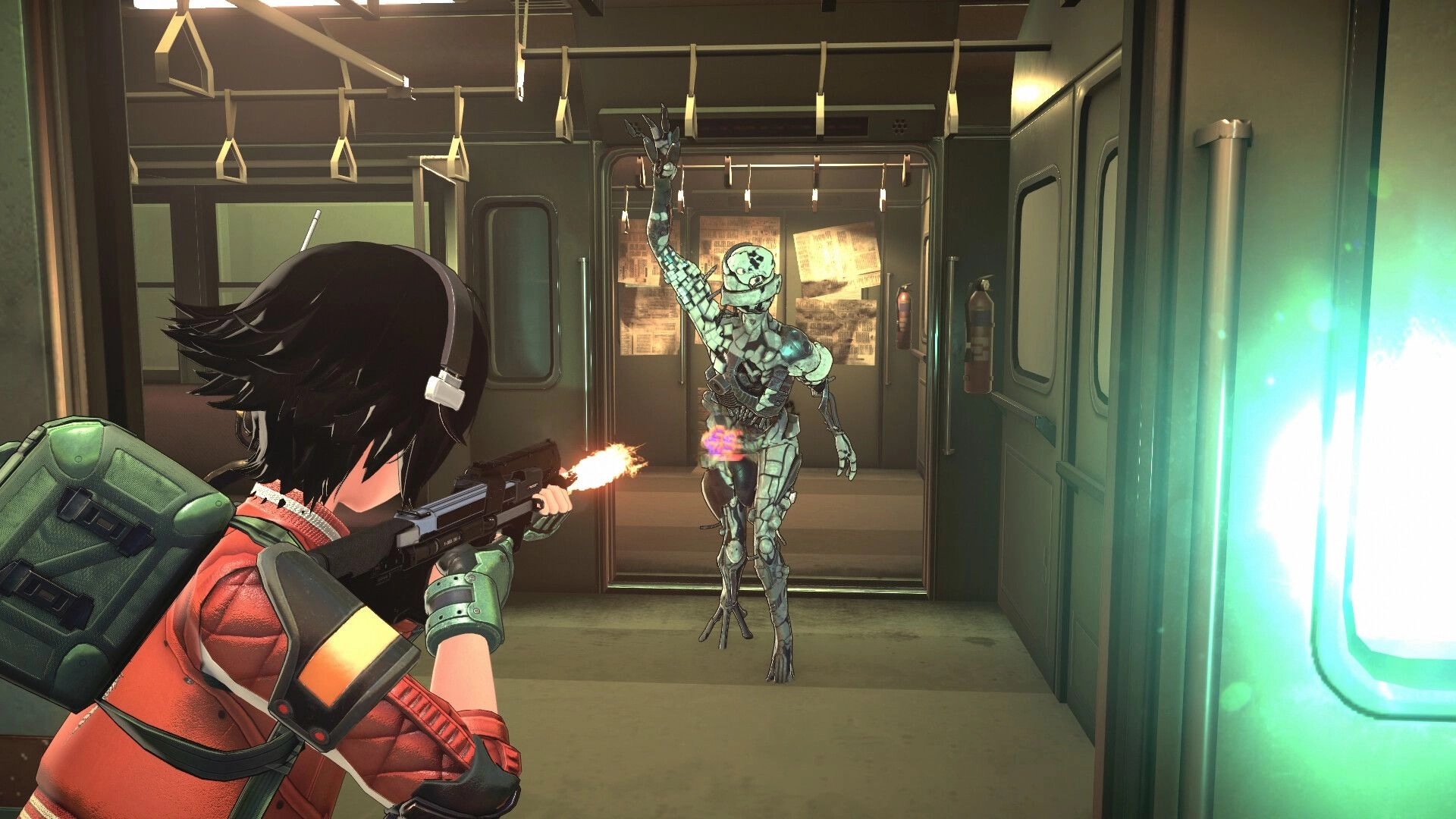 ANOMALITH: Girl fires an SMG at a humanoid anomaly inside a dim commuter train car corridor.