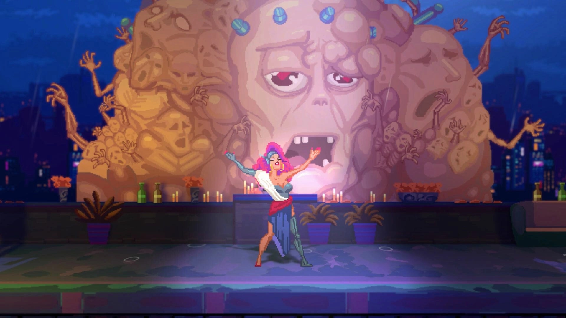 Anomaly President: Dancer poses on bar stage before a huge grotesque face idol in neon city night.