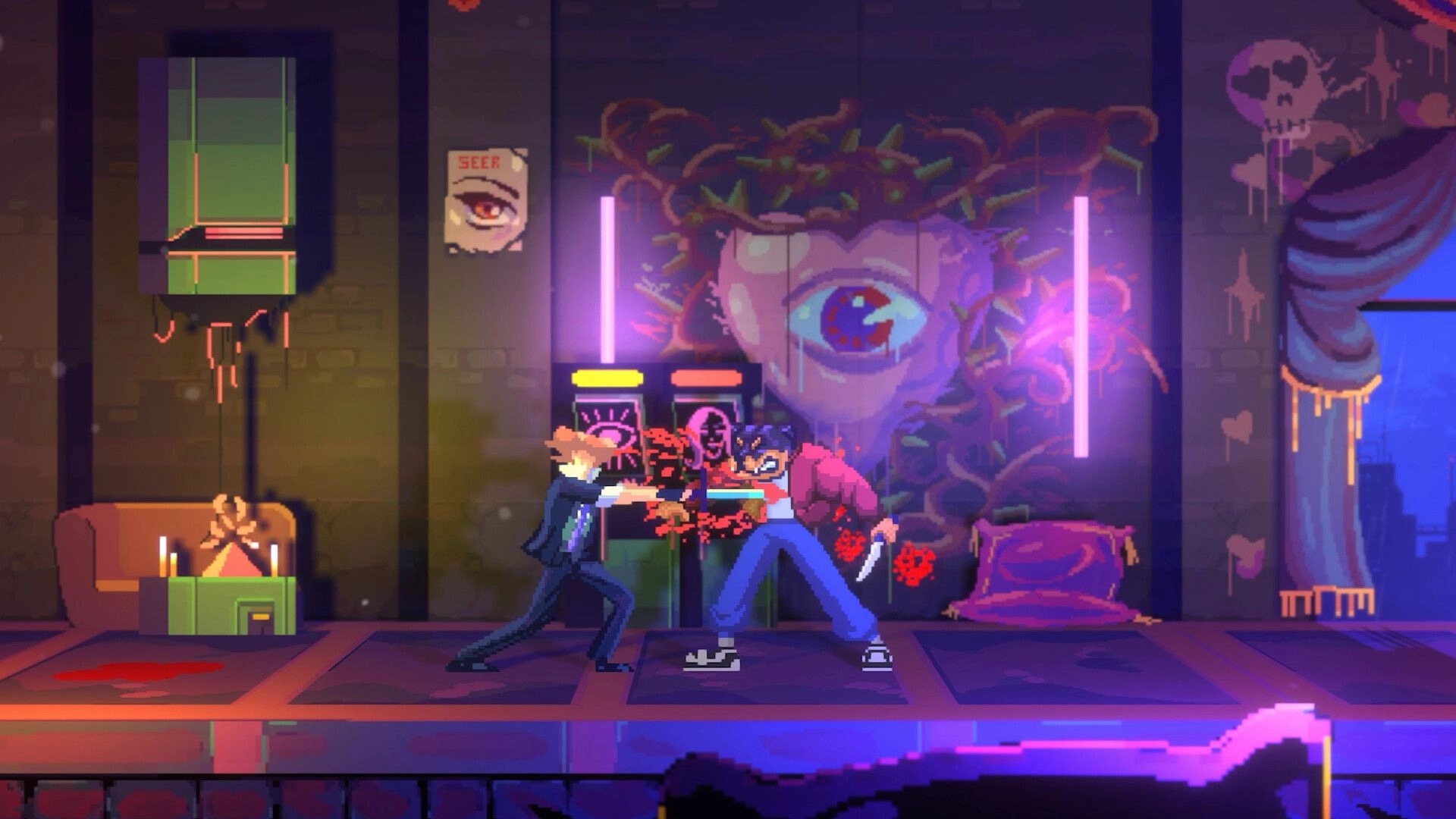 Anomaly President: Two fighters clash with knives in neon room, giant eye mural and posters behind.