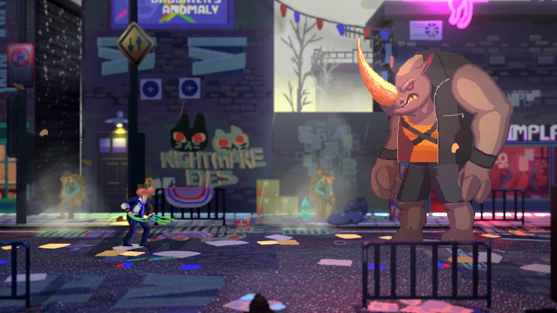 Anomaly President: Side-scrolling street fight as a suited hero faces a towering rhino brute boss at night.