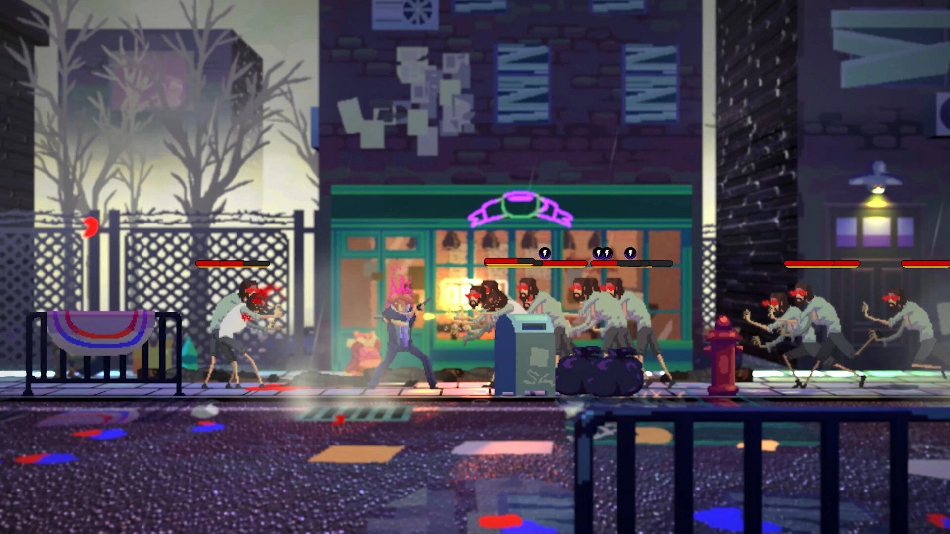 Anomaly President: Side-scrolling street fight as player shoots a mob outside a lit storefront at night.