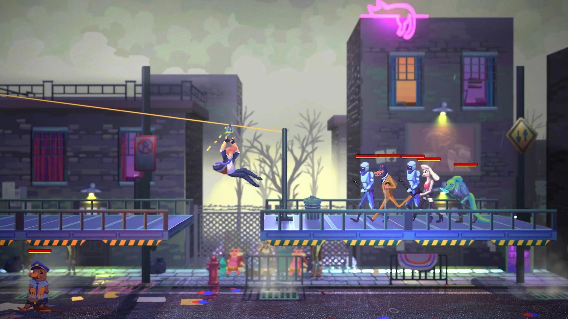 Anomaly President: Hero ziplining above a street as enemies with health bars patrol a neon rooftop walkway.