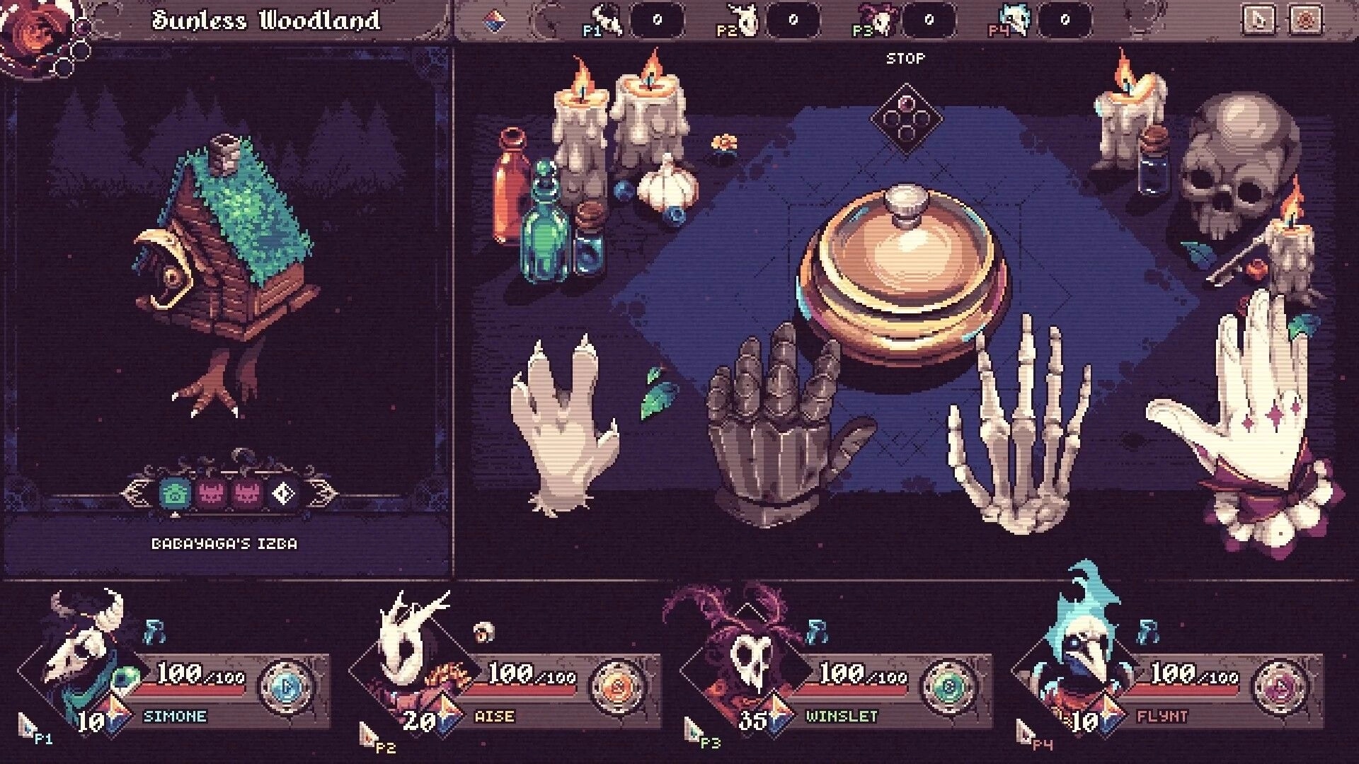 Another Door: Cauldron event with candle-lit table and loot icons in Sunless Woodland map UI.