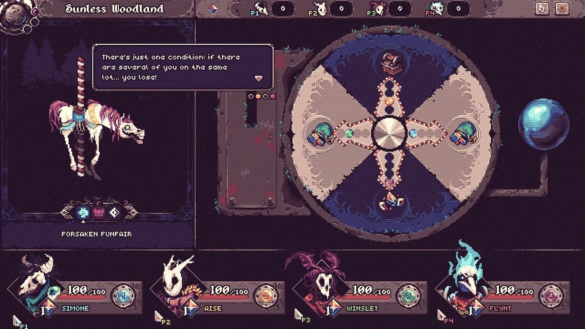 Another Door: Party at Forsaken Funfair with dialogue box and spinning wheel in Sunless Woodland.