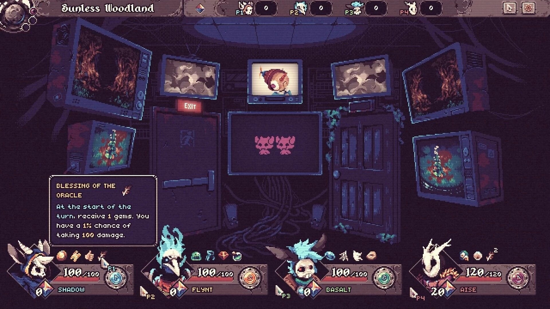 Another Door: Blessing of the Oracle tooltip over four-player HUD in Sunless Woodland room view.