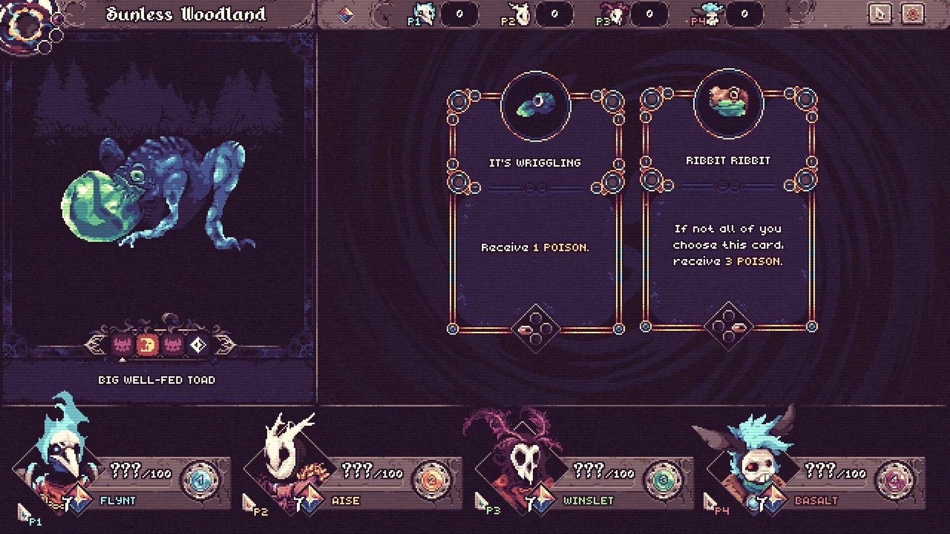 Another Door: Choice event with poison cards beside a giant well-fed toad in Sunless Woodland UI.