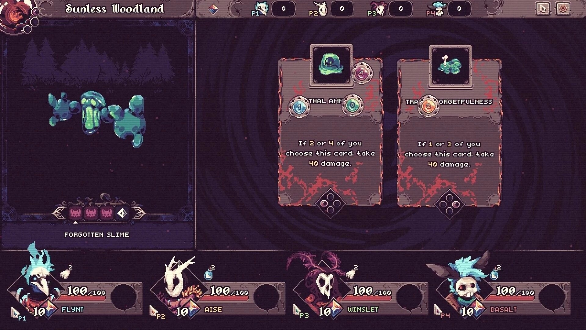 Another Door: Card choice event vs Forgotten Slime in Sunless Woodland with four heroes UI bar.