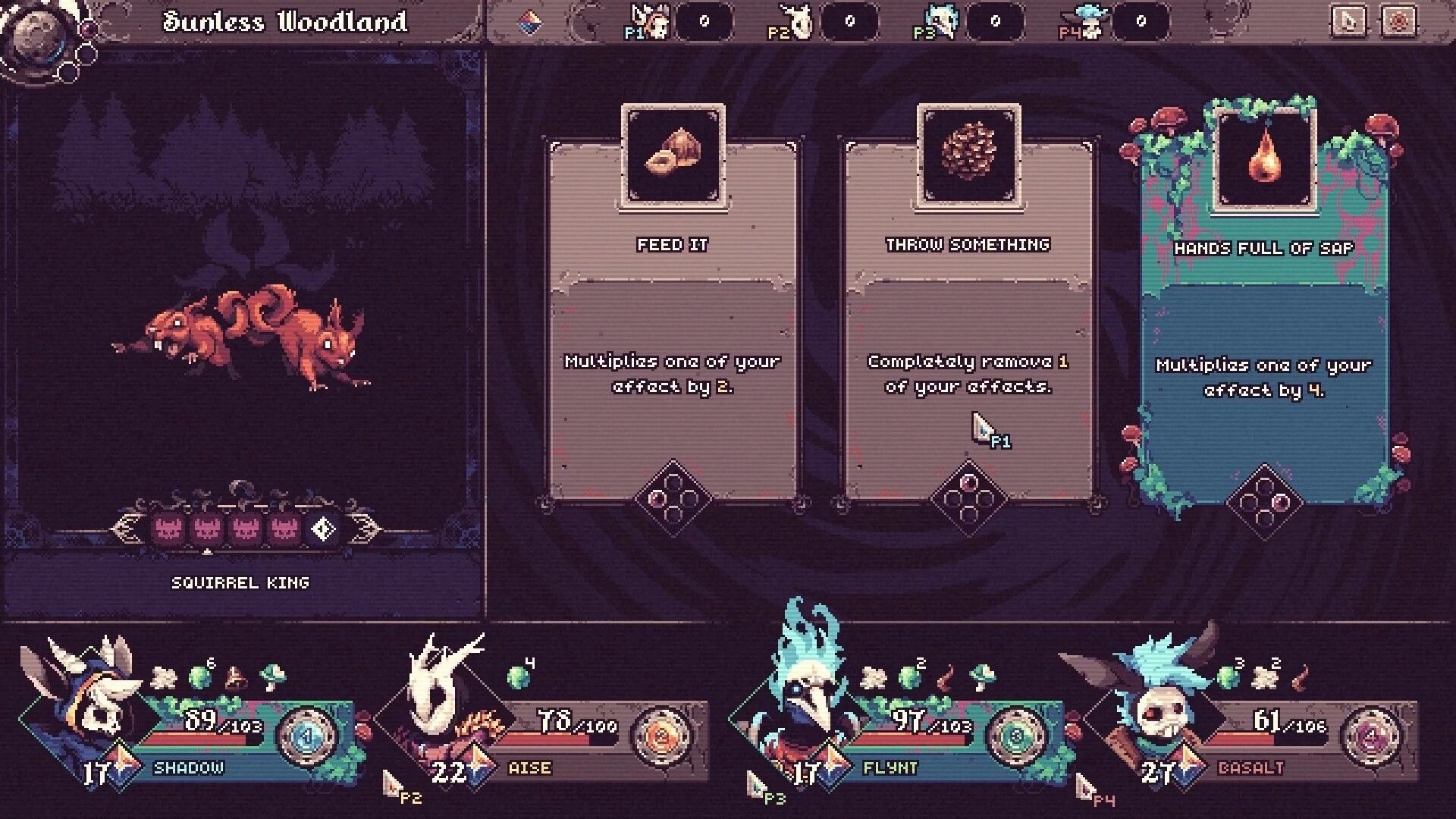 Another Door: Card choice event versus Squirrel King in Sunless Woodland with four players HUDs.