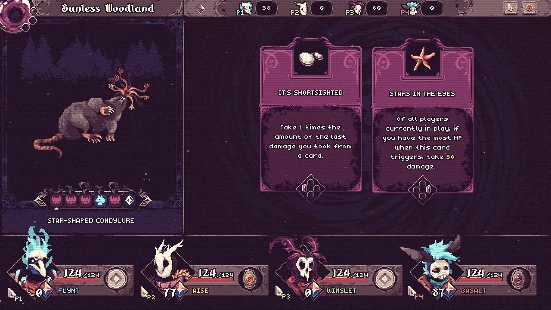 Another Door: Card choice event with two purple effect cards beside a rat monster in Sunless Woodland.