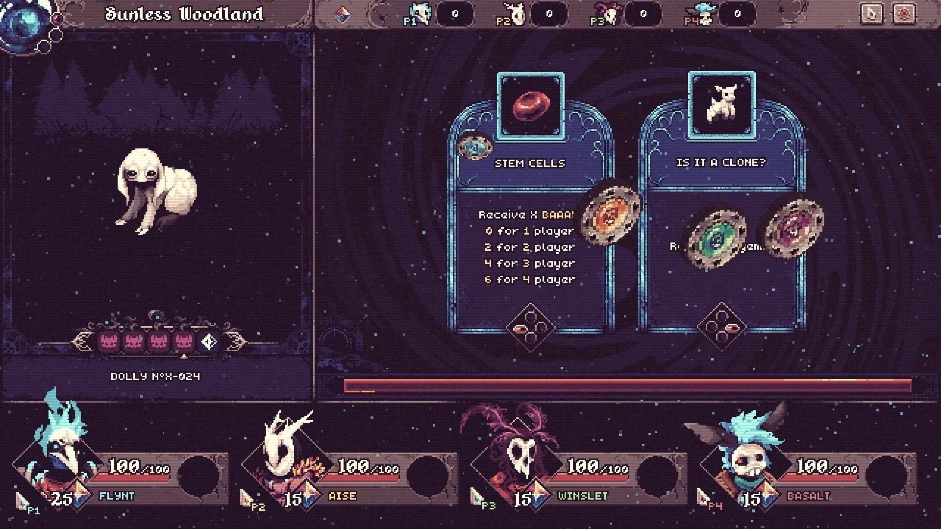 Another Door: Four-player event choice with Stem Cells and Is It a Clone? cards in Sunless Woodland.
