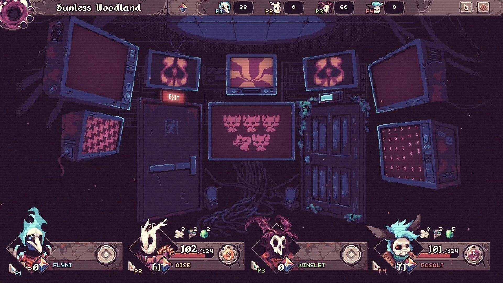 Another Door: Four-player turn UI with character portraits and eerie monitor wall in Sunless Woodland.