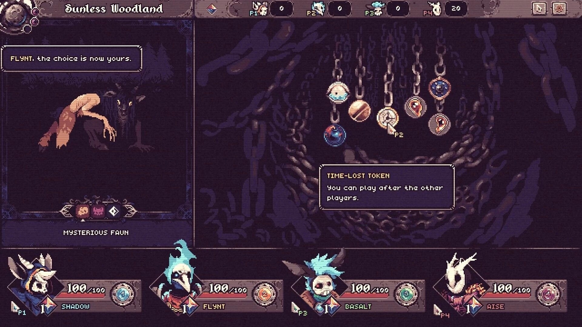 Another Door: FLYNT chooses a token reward on chained icons in Sunless Woodland event screen.