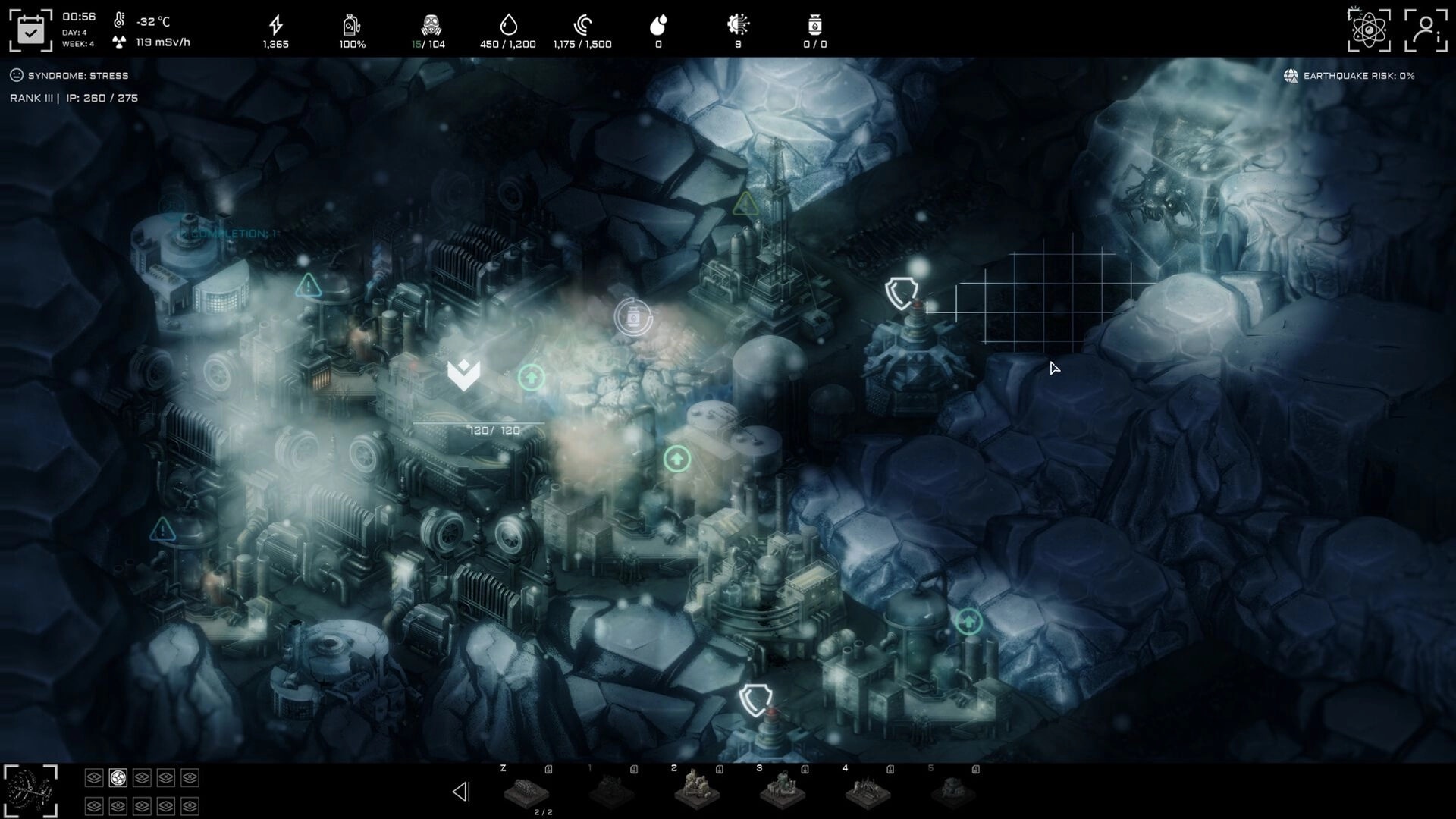 Anoxia Station: Overhead view of mining station with resource indicators and foggy underground environment