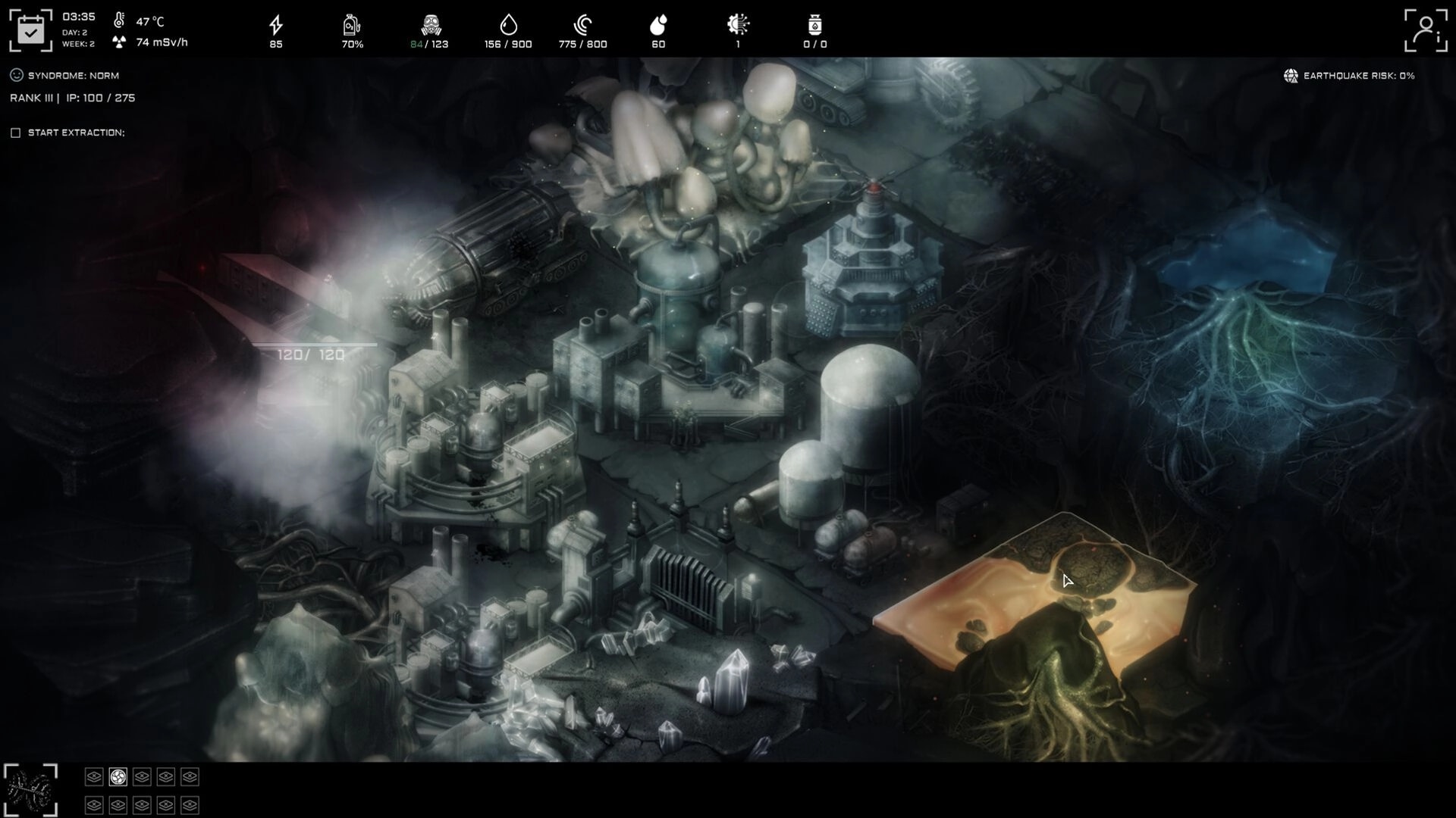 Anoxia Station: Overhead view of mining facilities with resource indicators and equipment in dark cavern.