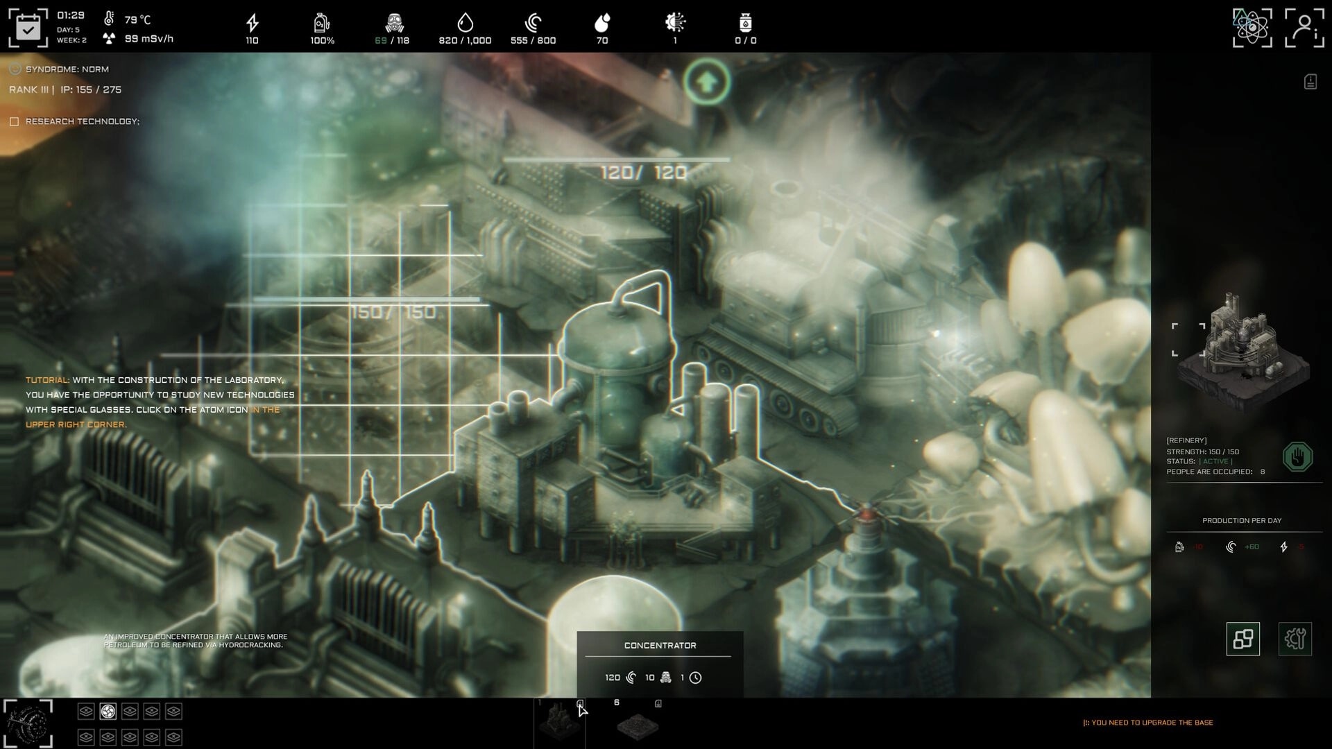 Anoxia Station: Resource management interface with refinery stats and tutorial instructions in foggy base.
