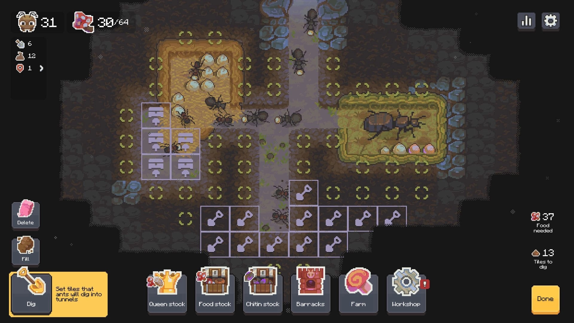 Ant Colony: Ants digging tunnels and managing resources in a dungeon environment with UI elements visible.