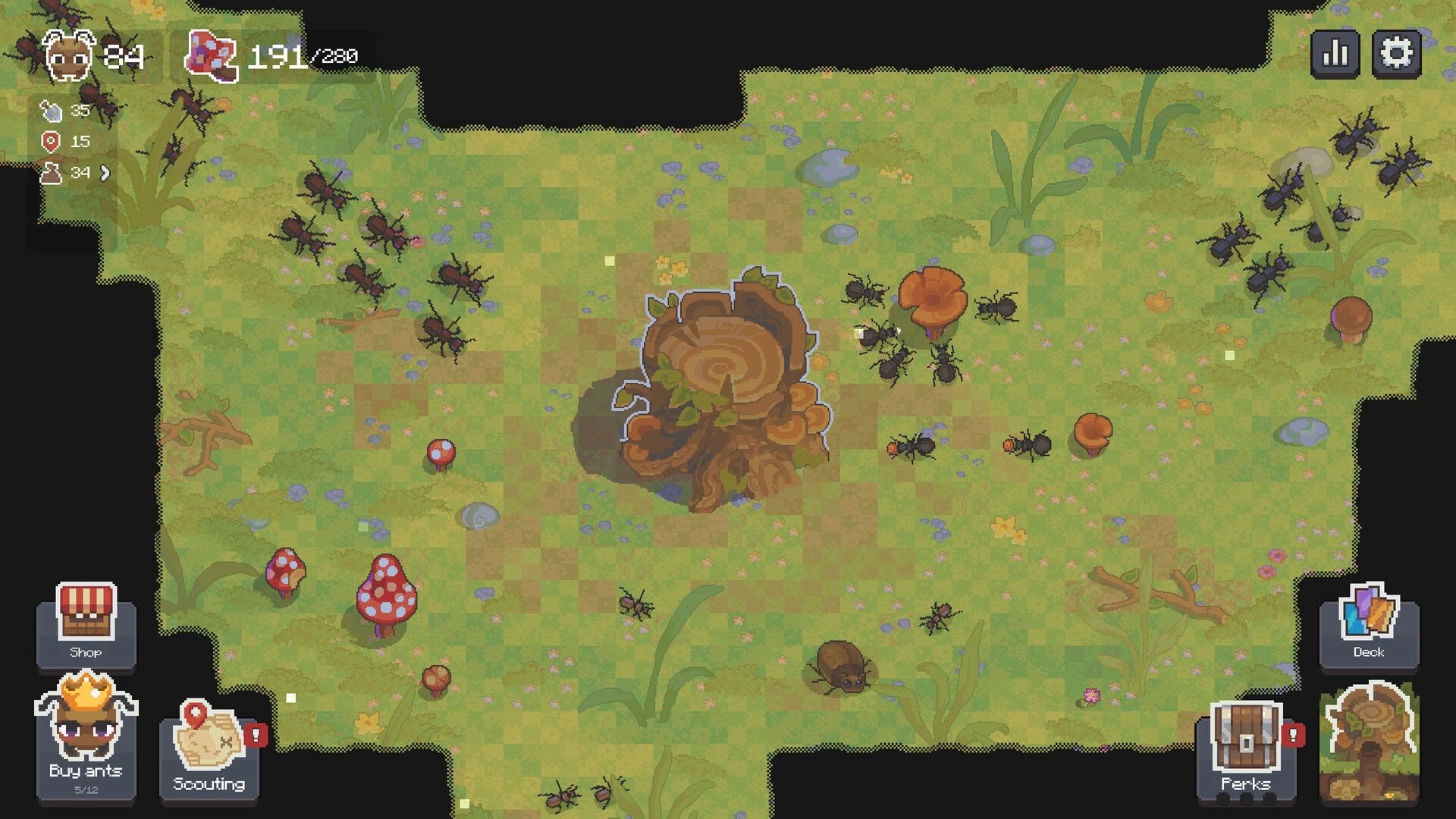 Ant Colony: Ants gather near a tree stump in a lush forest setting with various UI elements displayed.