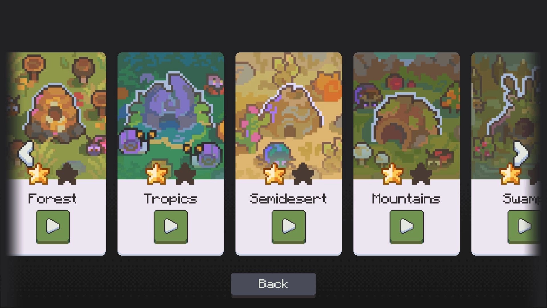 Ant Colony: Level selection screen with Forest, Tropics, Semidesert, and Mountains options displayed