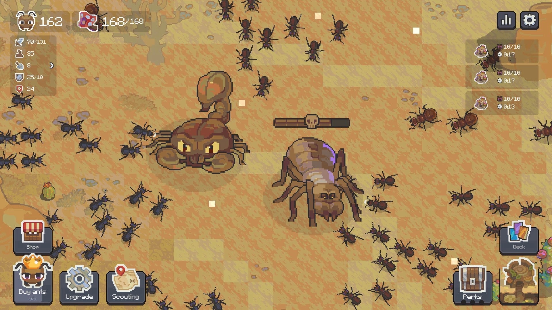 Ant Colony: Ants battle a scorpion and spider in a sandy terrain with UI showing resources and options.