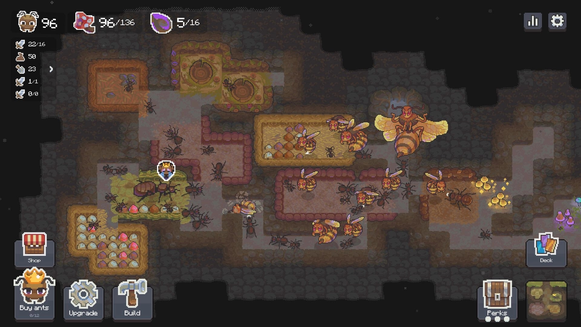 Ant Colony: Ants and enemy insects in underground tunnels, with resource counters and control menu.