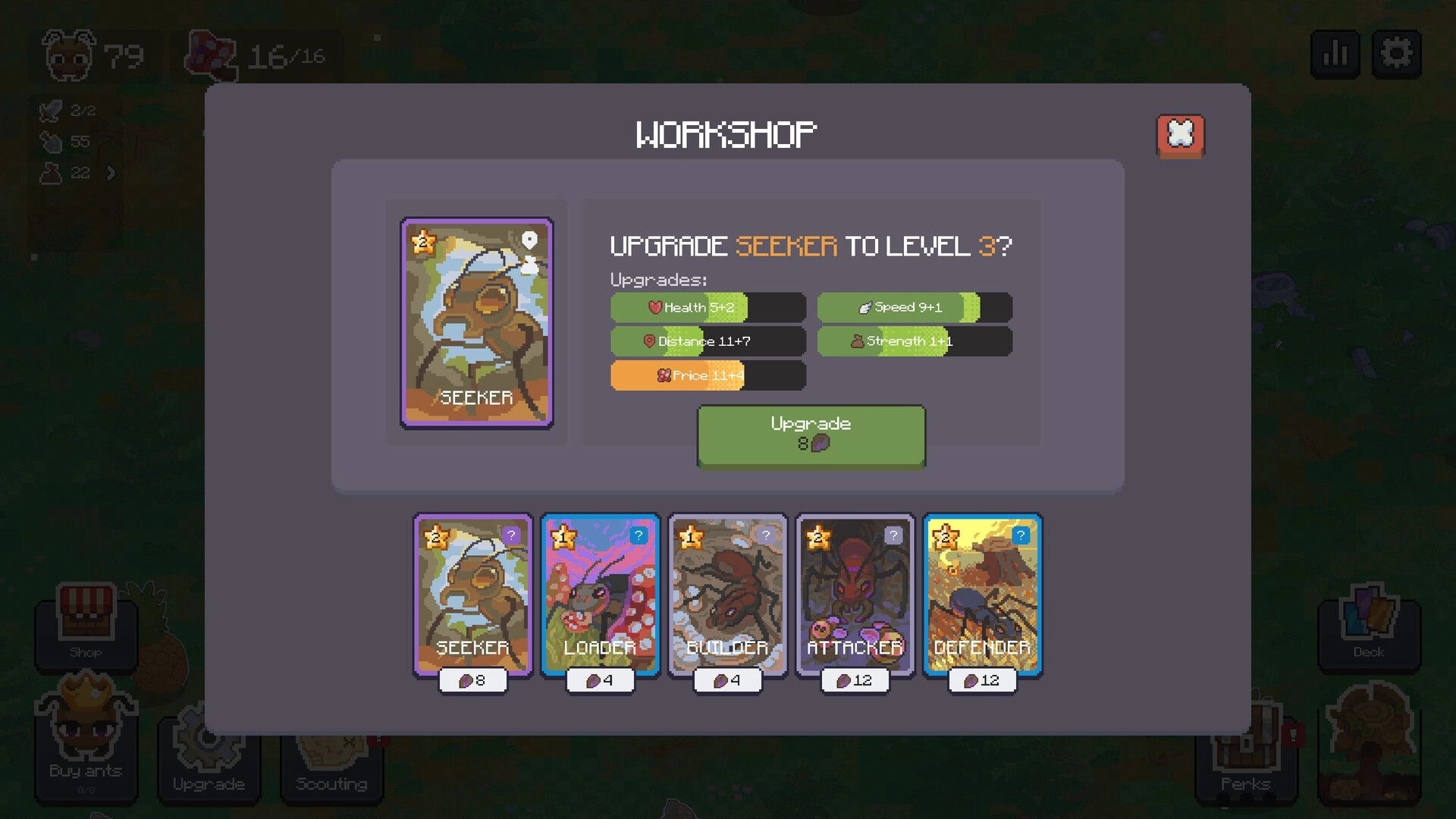 Ant Colony: Workshop interface with Seeker ant upgrade options and ant cards displayed at bottom