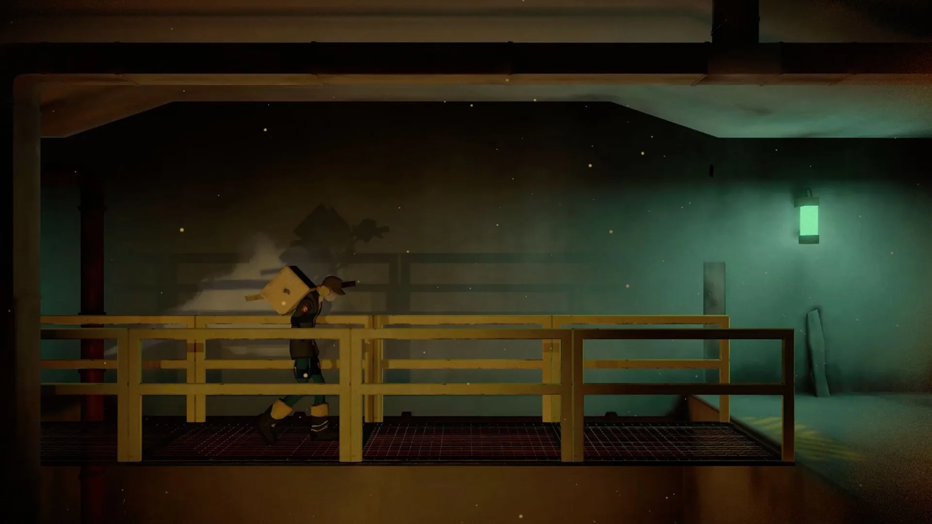 Antro: Nittch carries a box across a dimly lit industrial walkway with glowing wall light in background