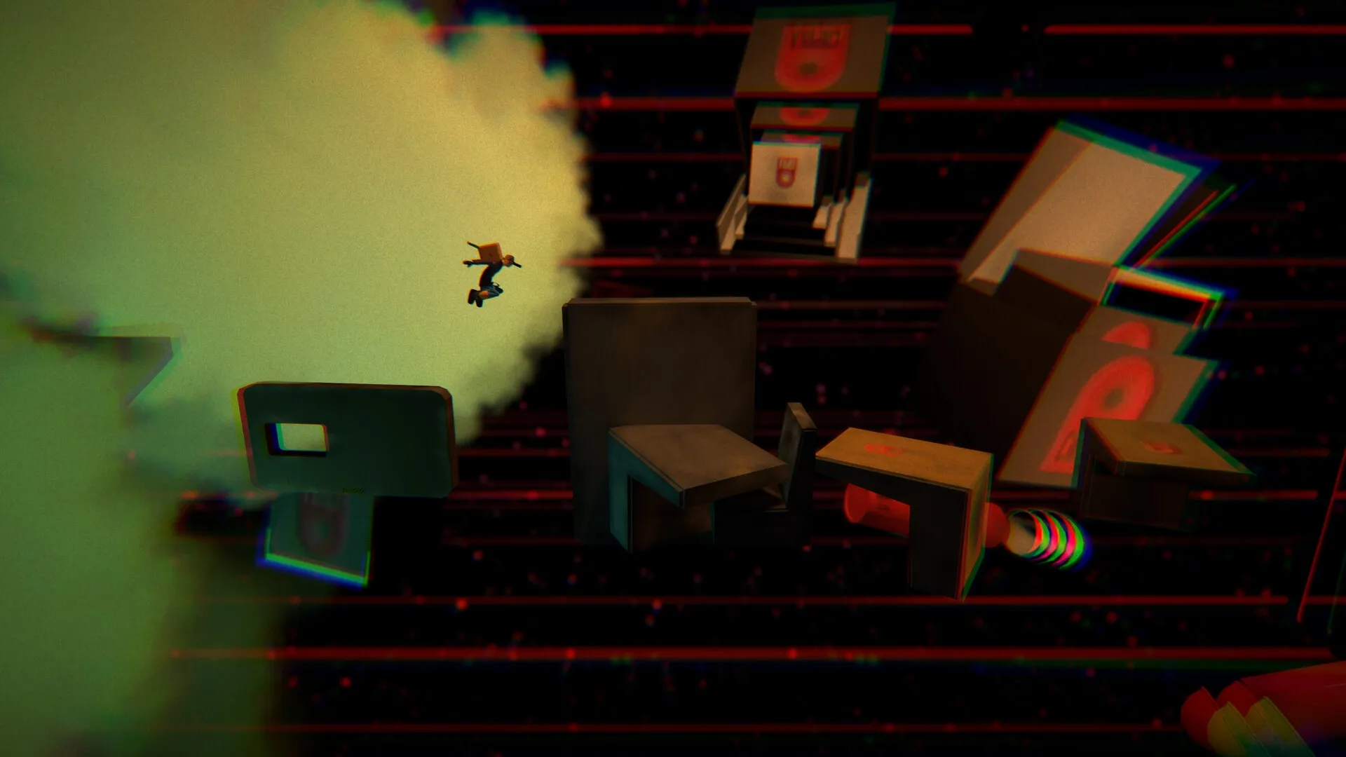 Antro: Character jumping between floating platforms in a surreal, neon-lit environment with abstract shapes.