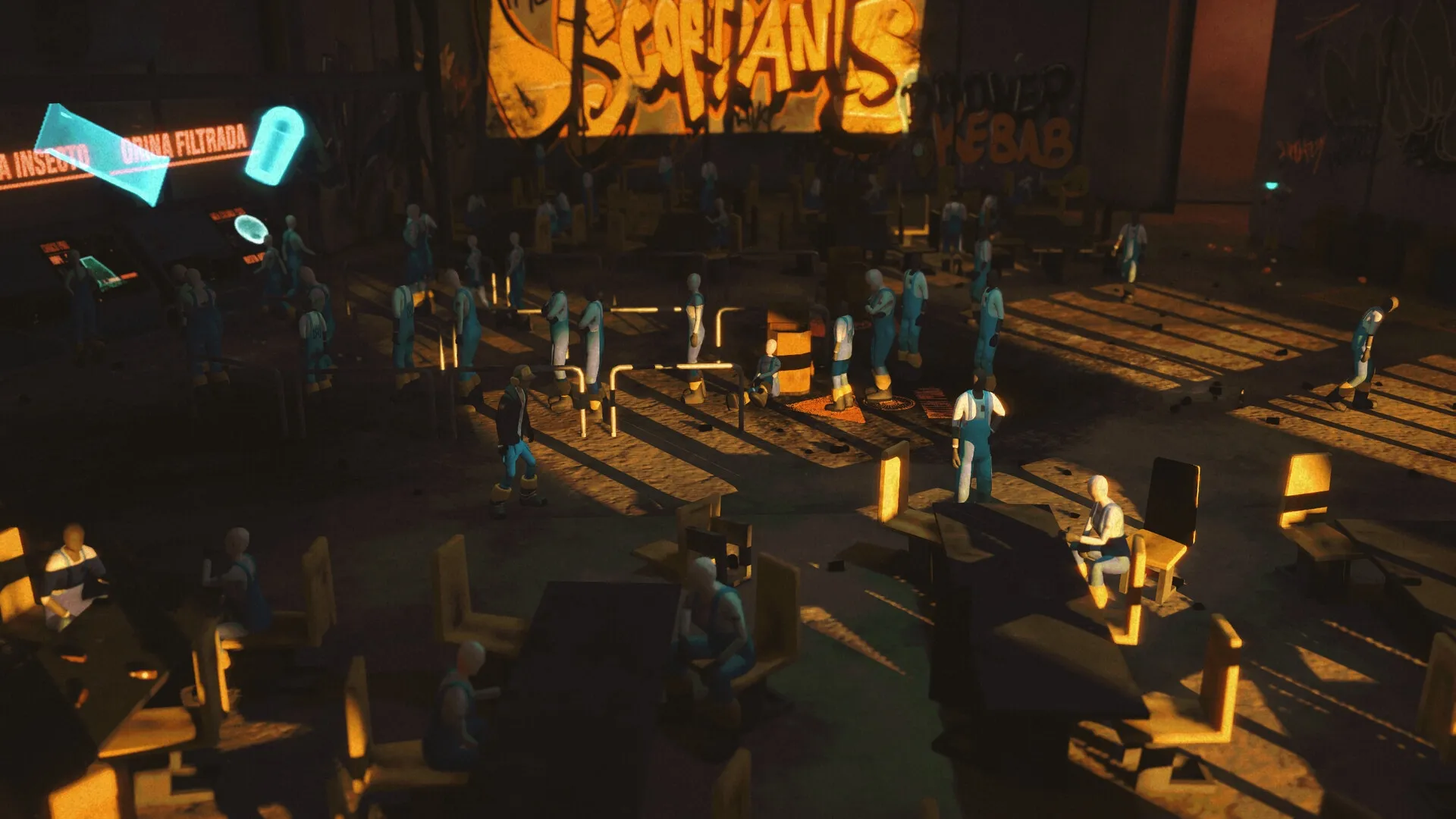 Antro: Workers gather in an underground factory with holographic displays and graffiti on walls