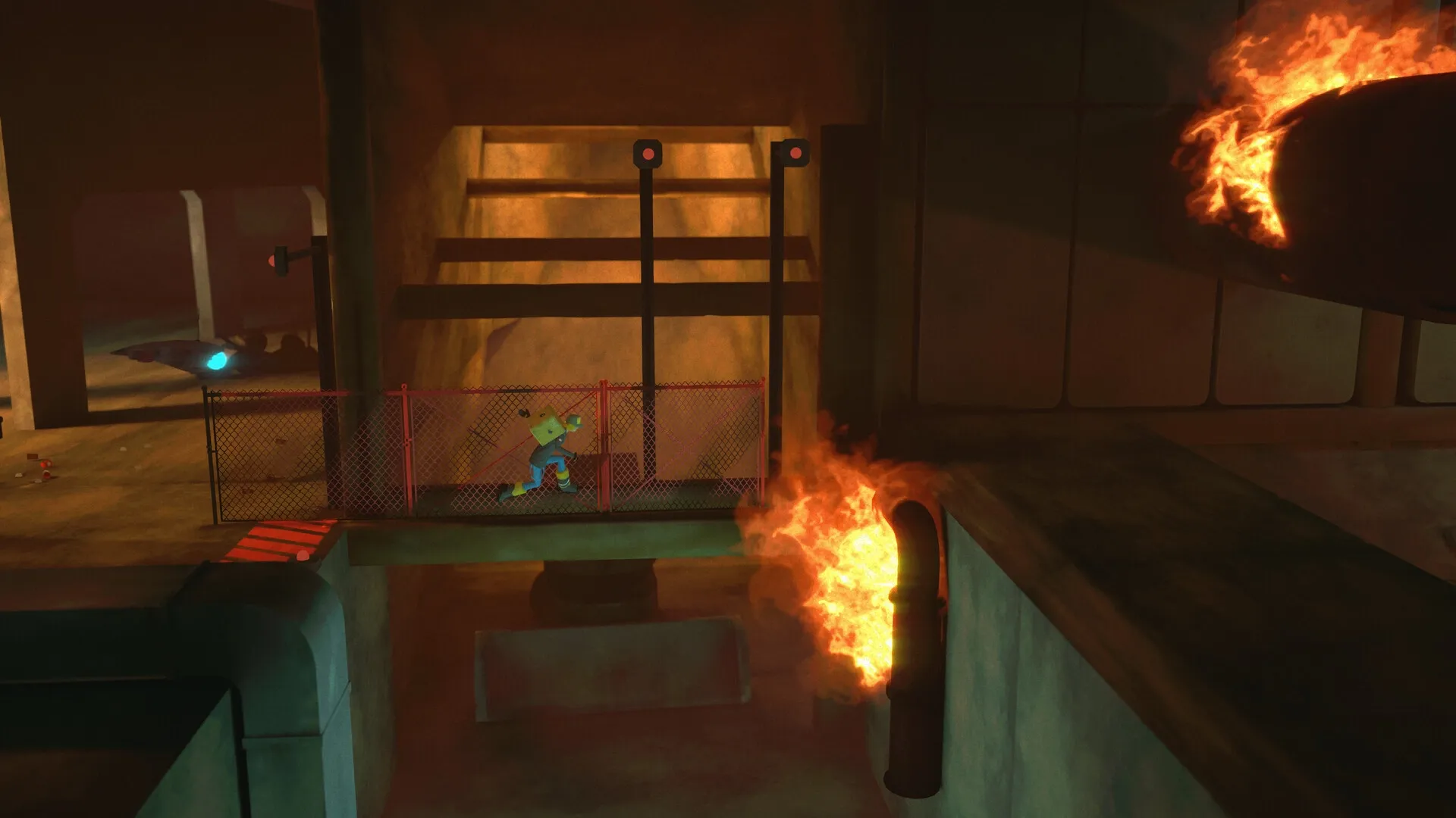 Antro: Nittch running in industrial tunnel with fire hazard and metal fence obstacles