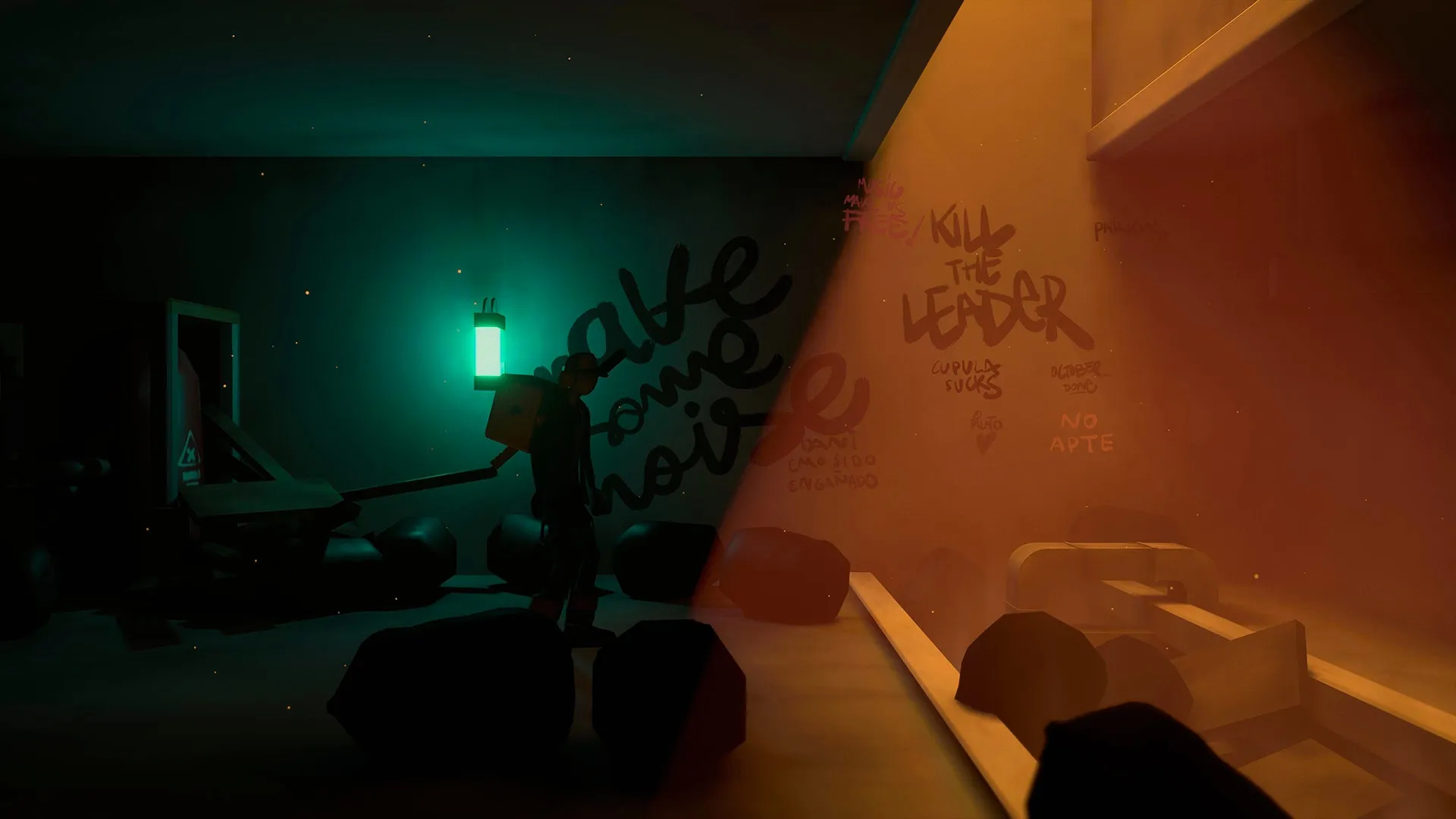 Antro: Character with lantern exploring graffiti-covered underground tunnel, dimly lit environment.
