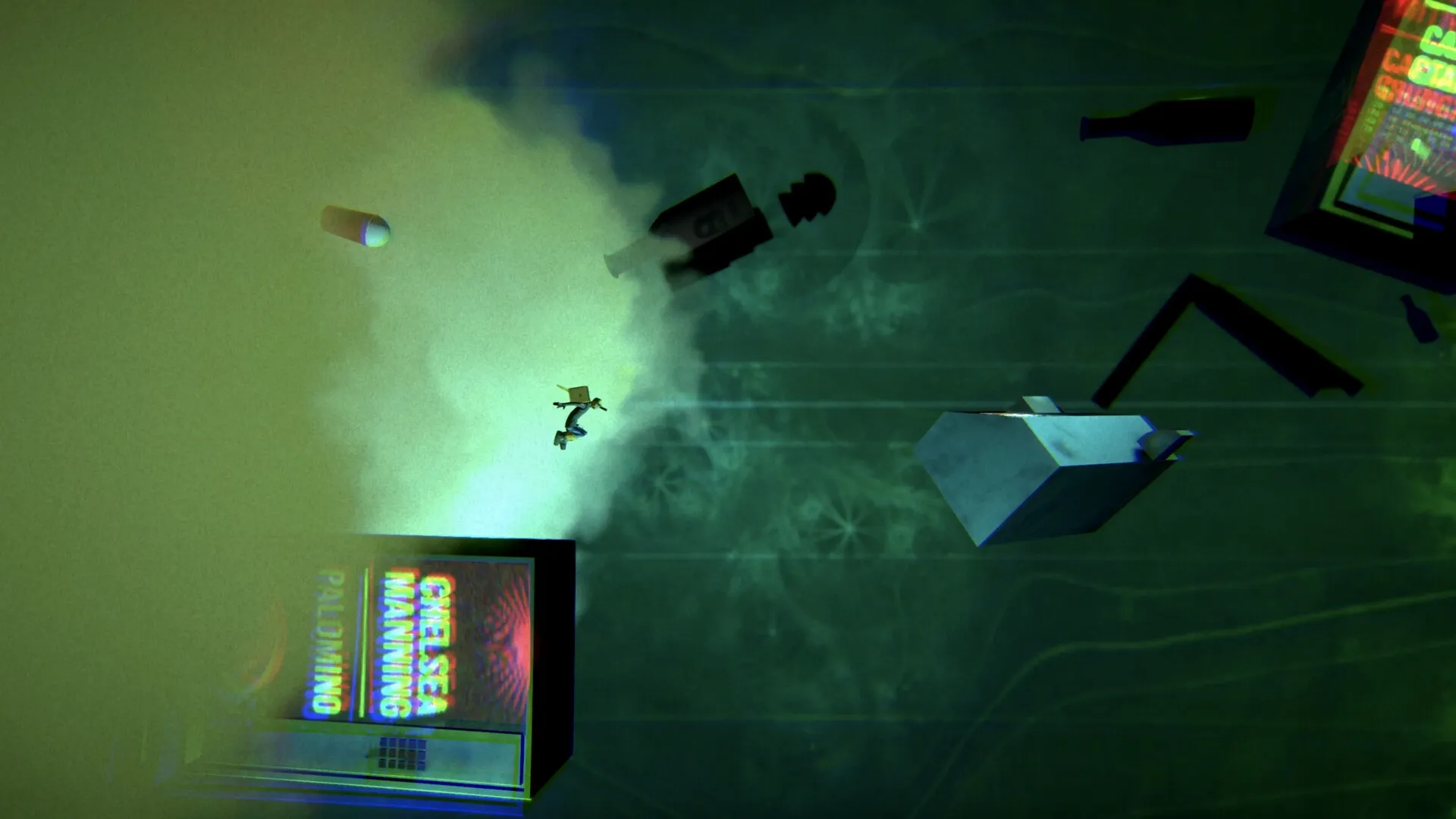 Antro: Nittch jumps through debris in a smoky underground setting with a glowing vending machine nearby.