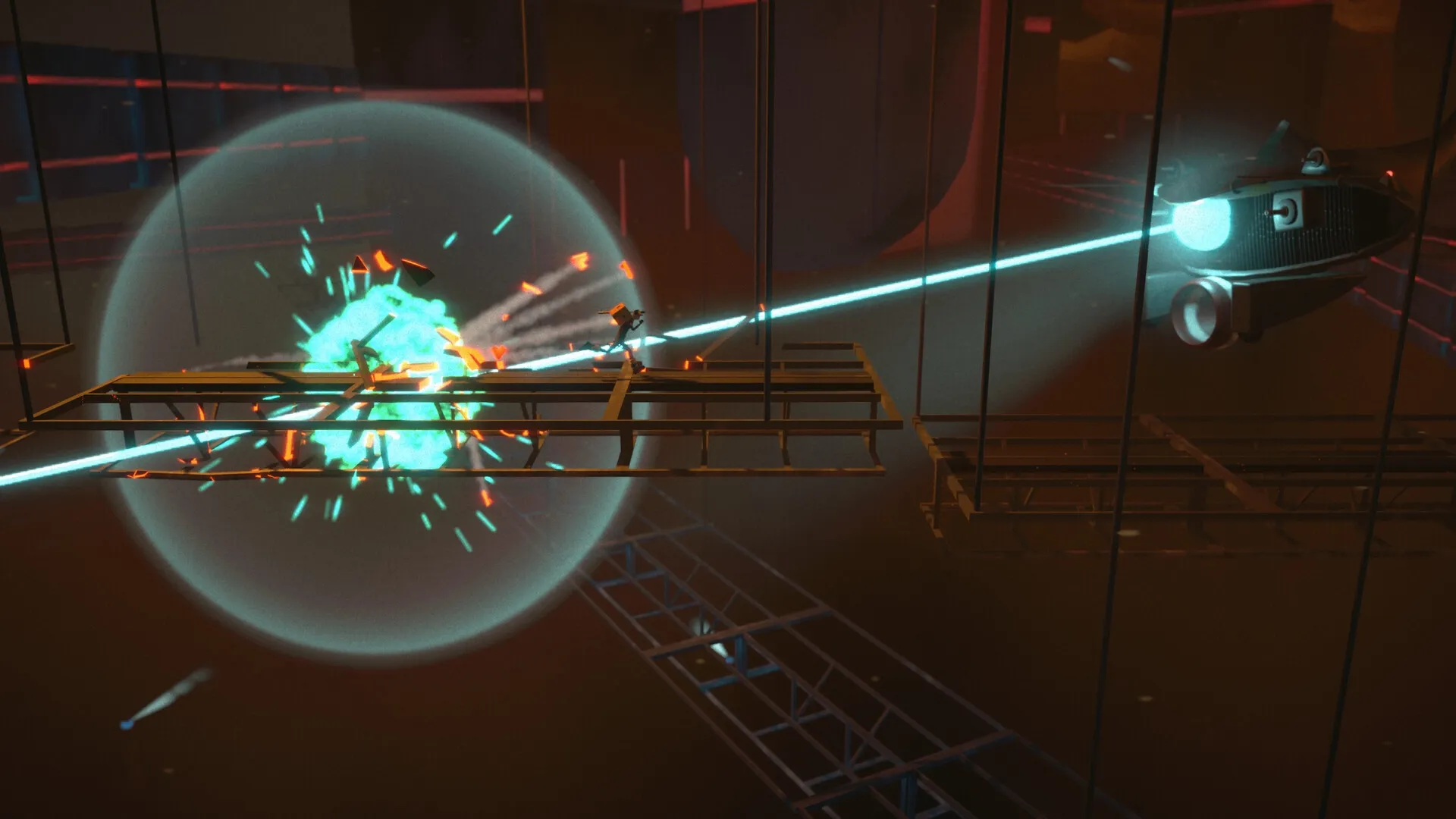 Antro: Nittch dodges laser attack on suspended platforms in dark industrial environment
