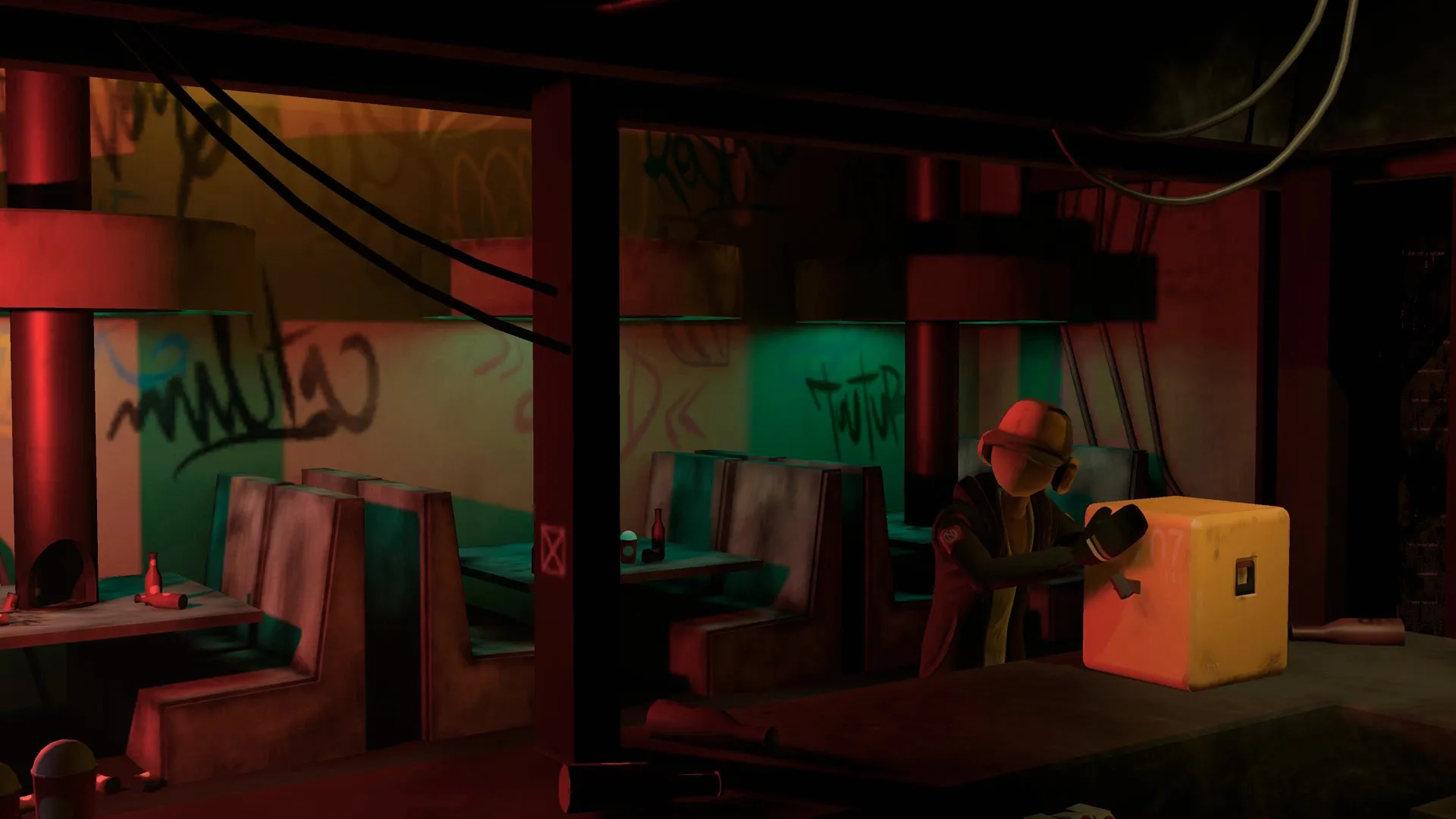 Antro: Character in a dimly lit bar interacting with a yellow cube, graffiti on walls around booths