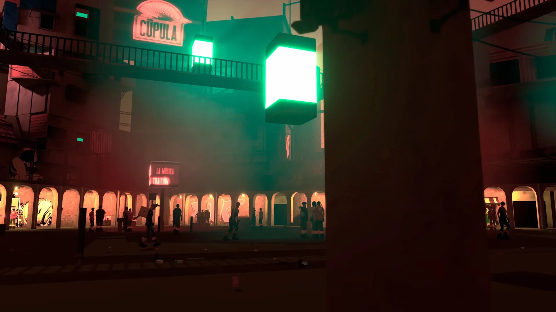 Antro: Characters gather under neon lights in an underground city with glowing signs and archways.