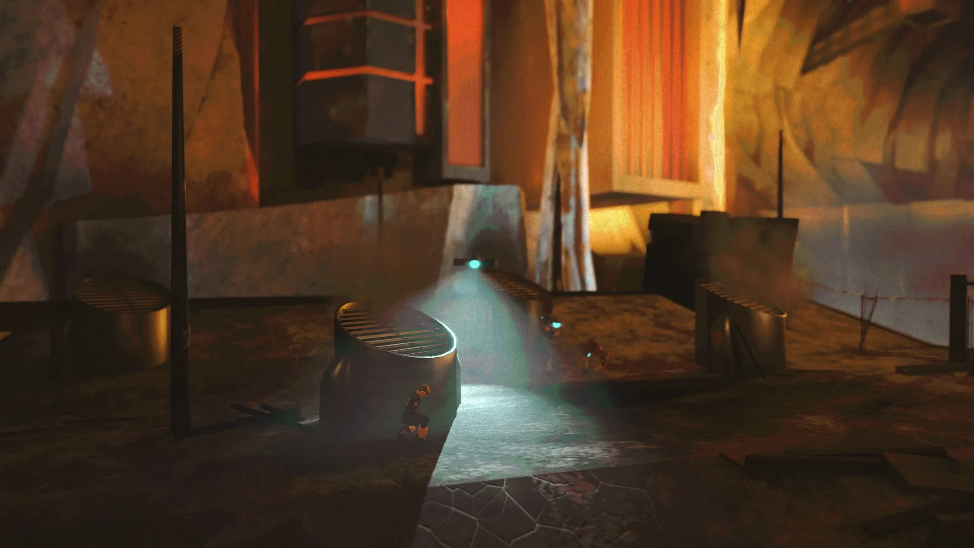 Antro: Characters sneaking through dimly lit industrial area with vents and beams of light