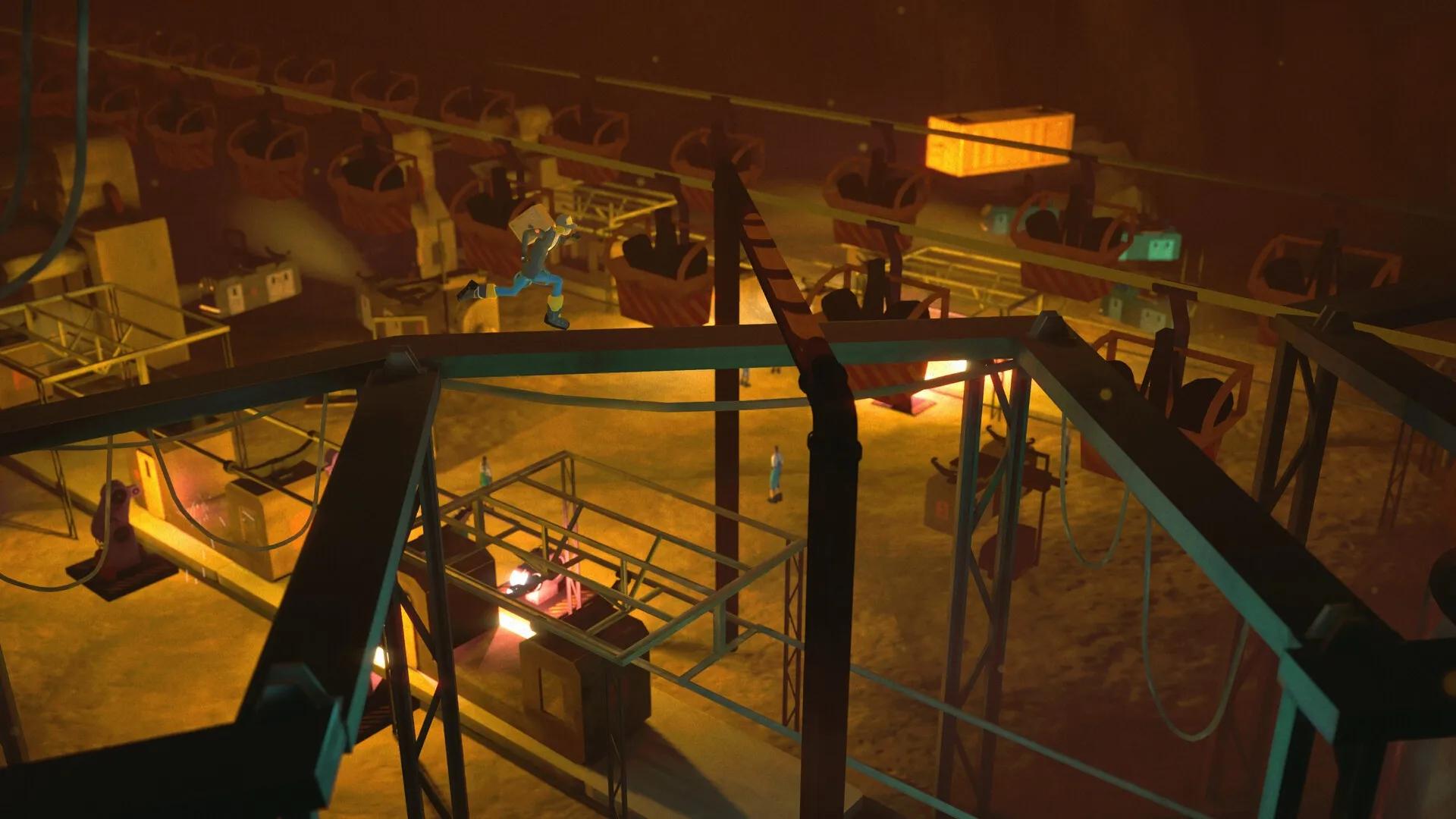 Antro: Nittch dashes across industrial beams in a dimly lit underground factory with conveyor systems.
