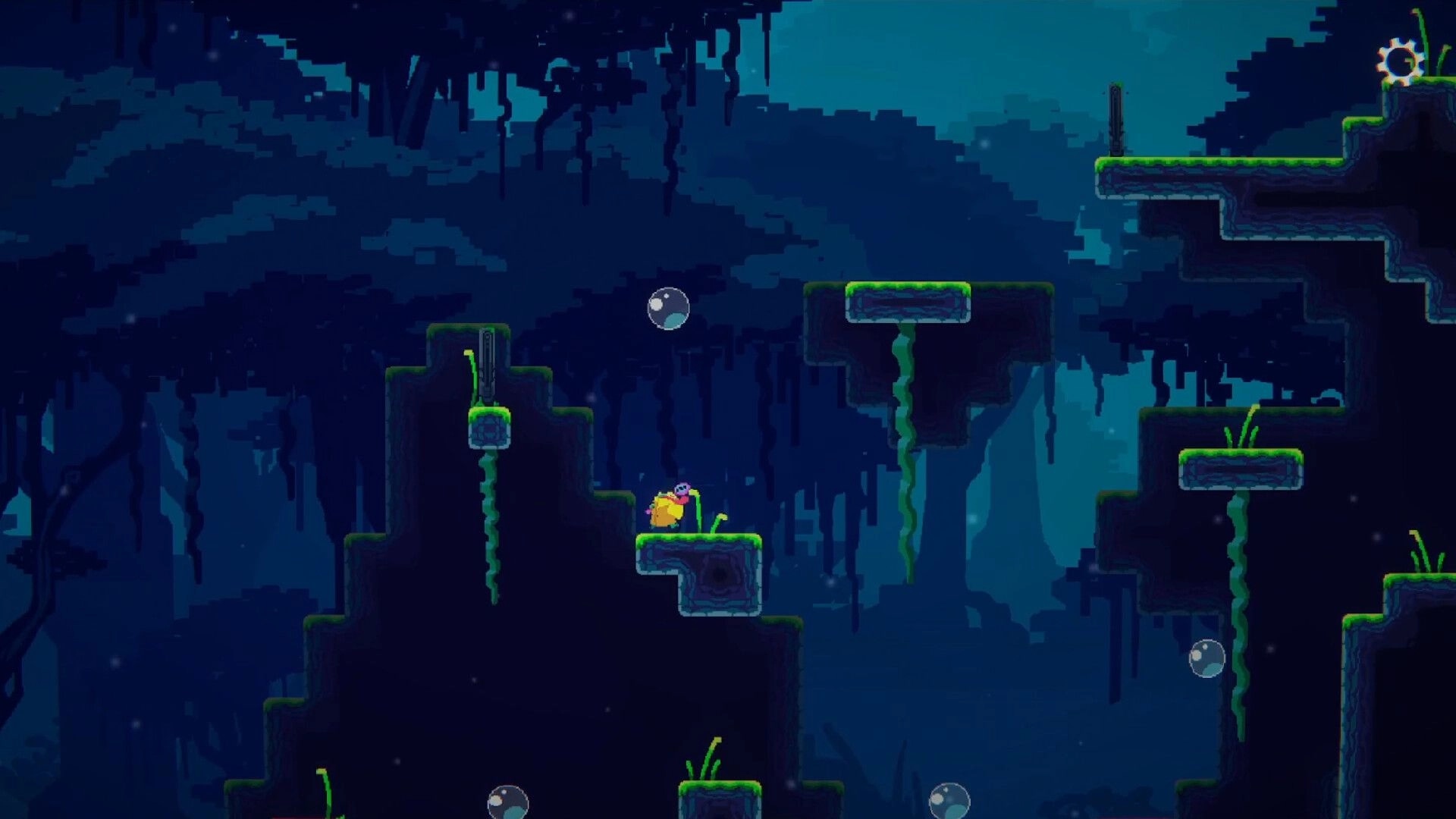 Anura: Don Rano stands on a mossy platform in a dark forest with bubbles floating around him