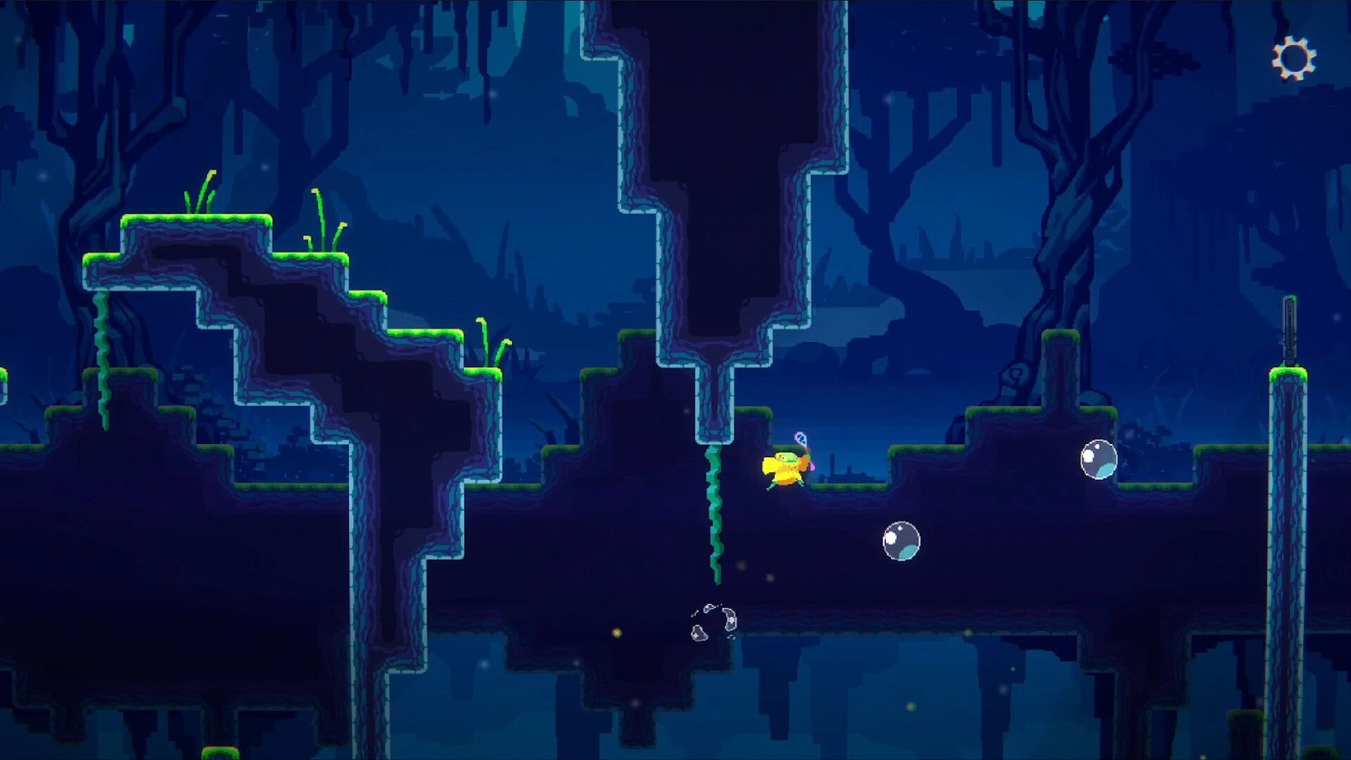 Anura: Don Rano jumps over bubbles in a dark, mysterious forest setting with glowing platforms.