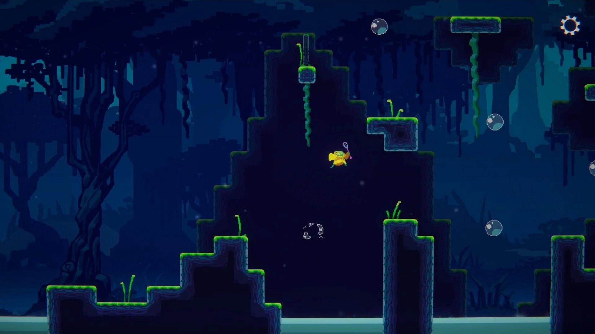 Anura: Don Rano jumps between platforms in a dark forest, using bubbles to reach higher ledges.